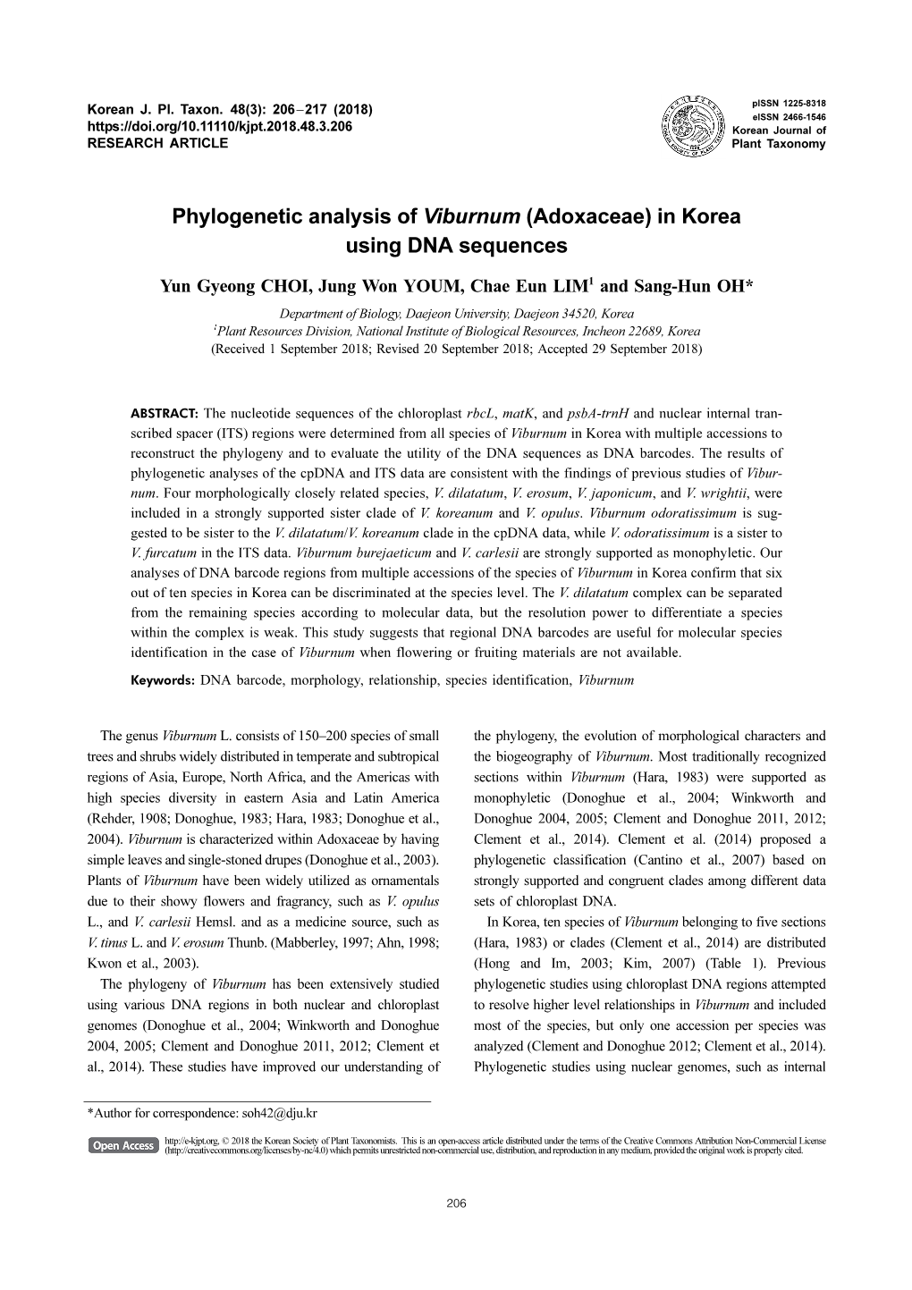 Phylogenetic Analysis of Viburnum (Adoxaceae) in Korea Using DNA Sequences