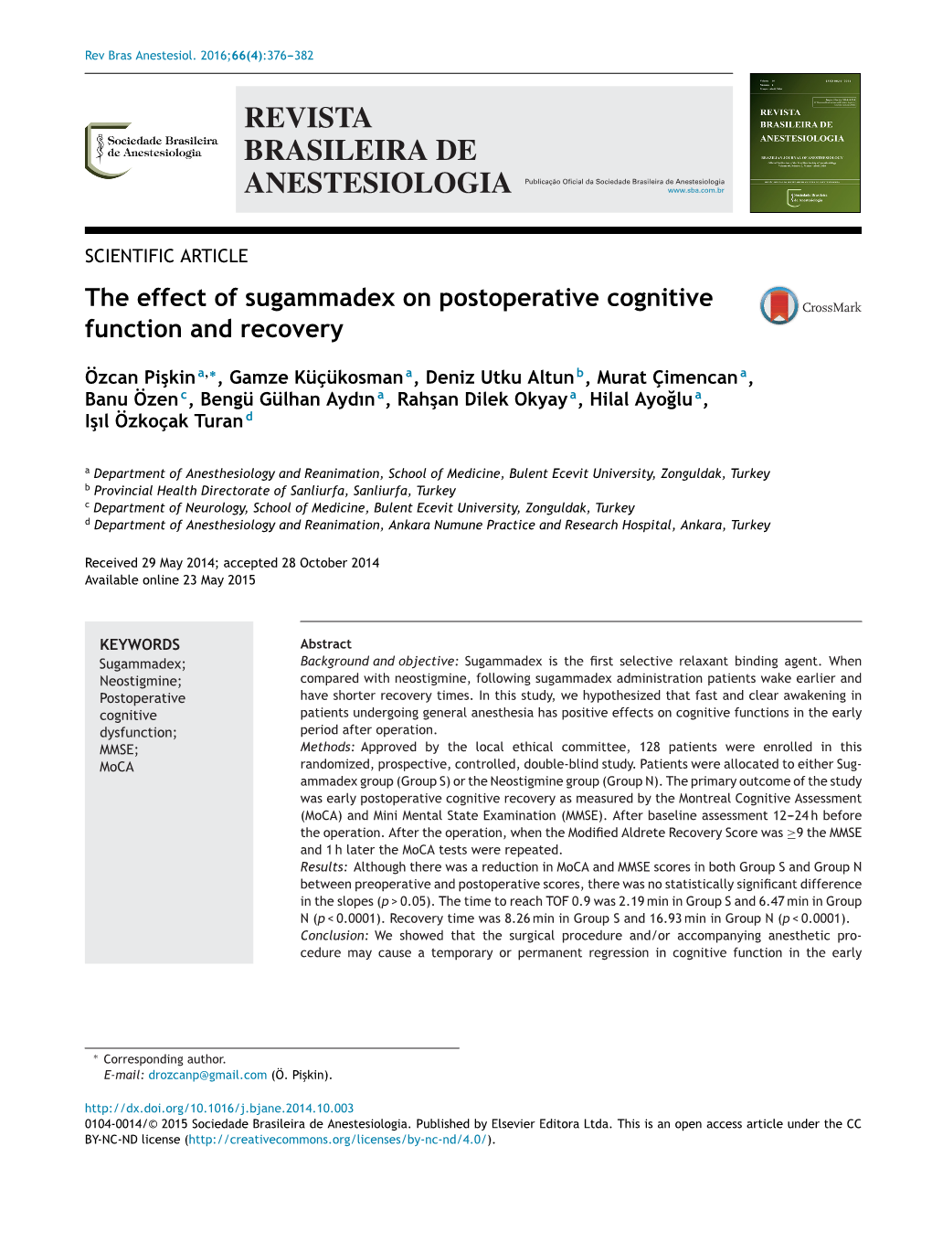 The Effect of Sugammadex on Postoperative Cognitive Function and Recovery