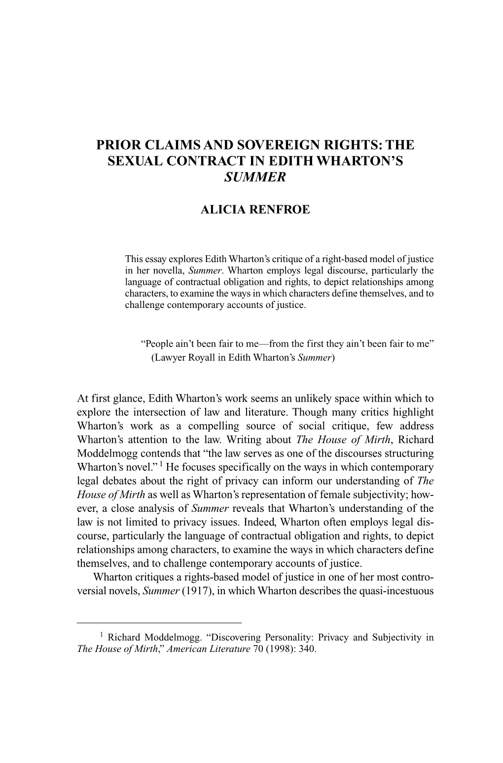 Prior Claims and Sovereign Rights: the Sexual Contract in Edith Wharton's