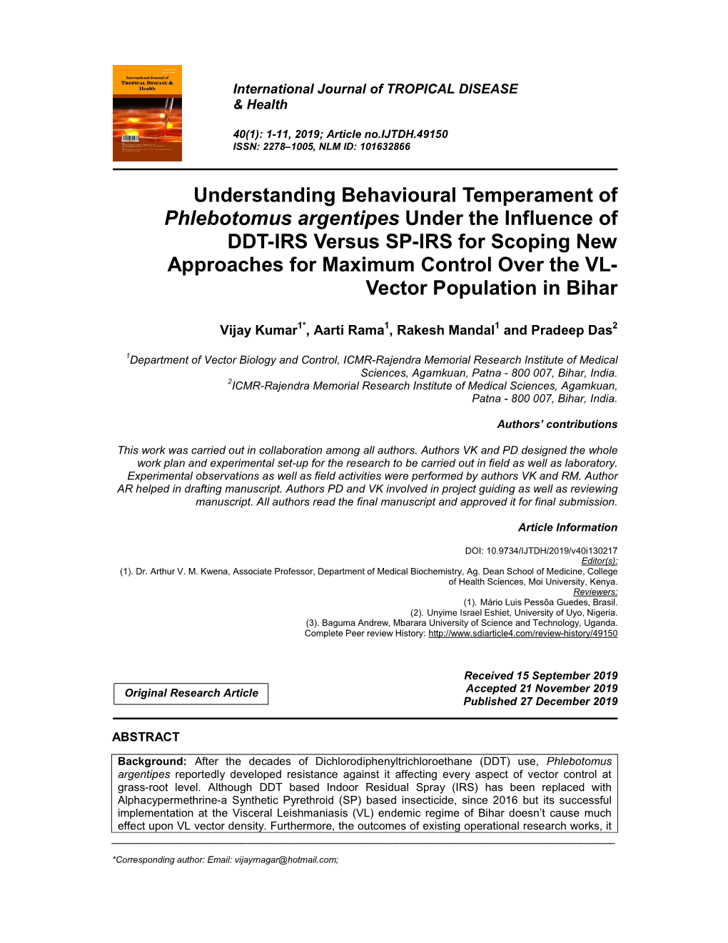 Understanding Behavioural Temperament of Phlebotomus