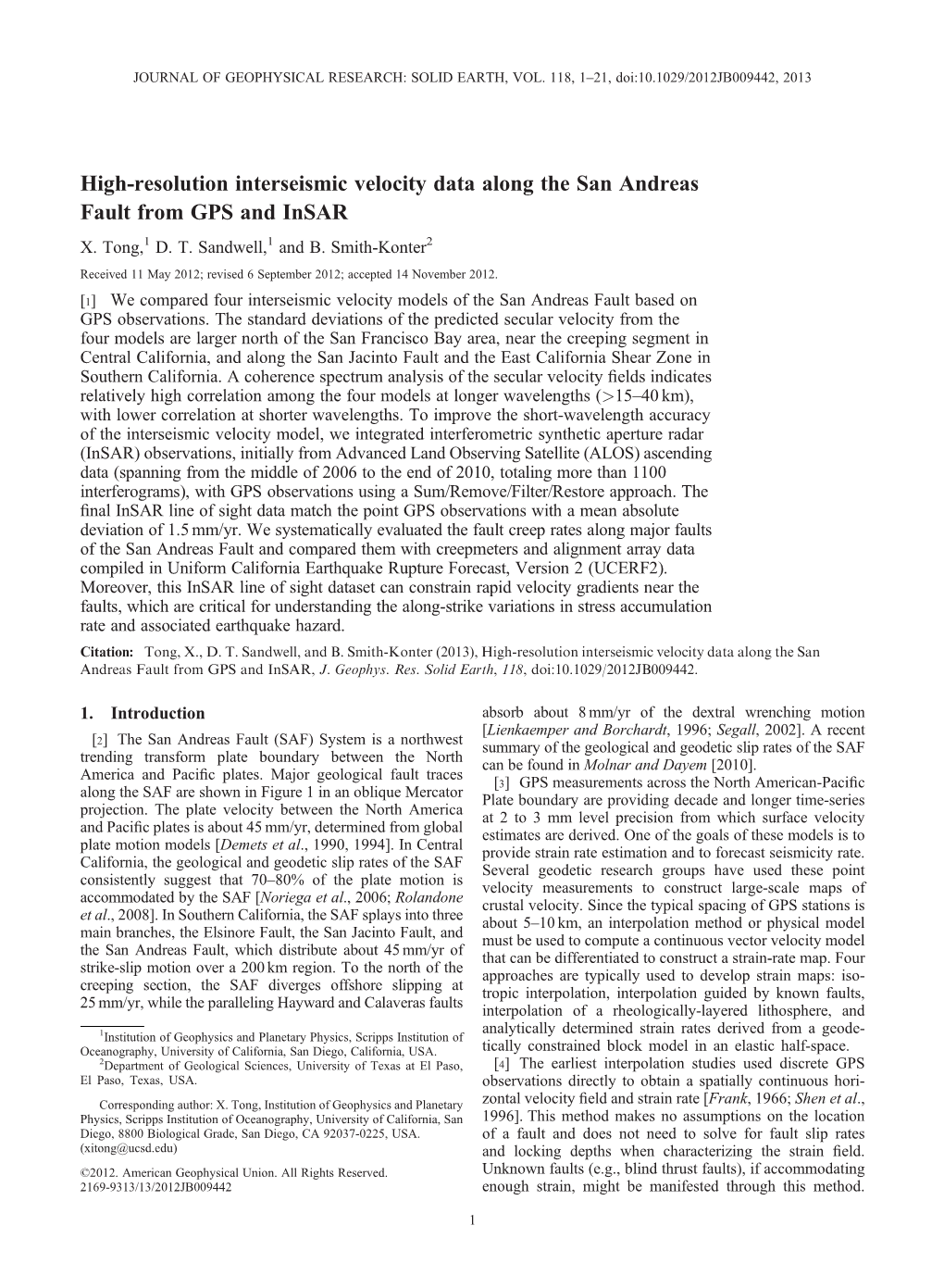 High-Resolution Interseismic Velocity Data Along the San Andreas Fault from GPS and Insar X