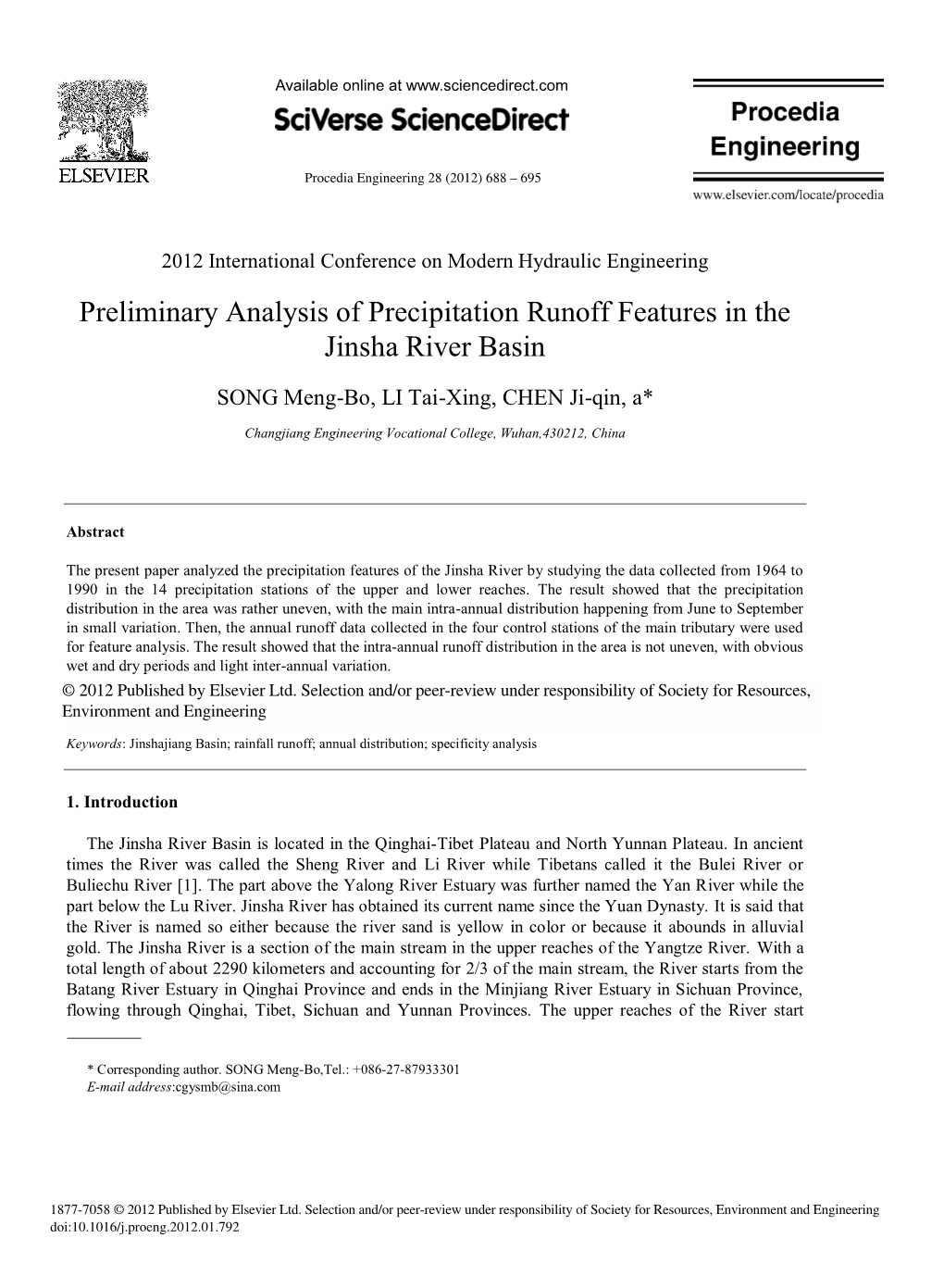 Preliminary Analysis of Precipitation Runoff Features in the Jinsha River Basin