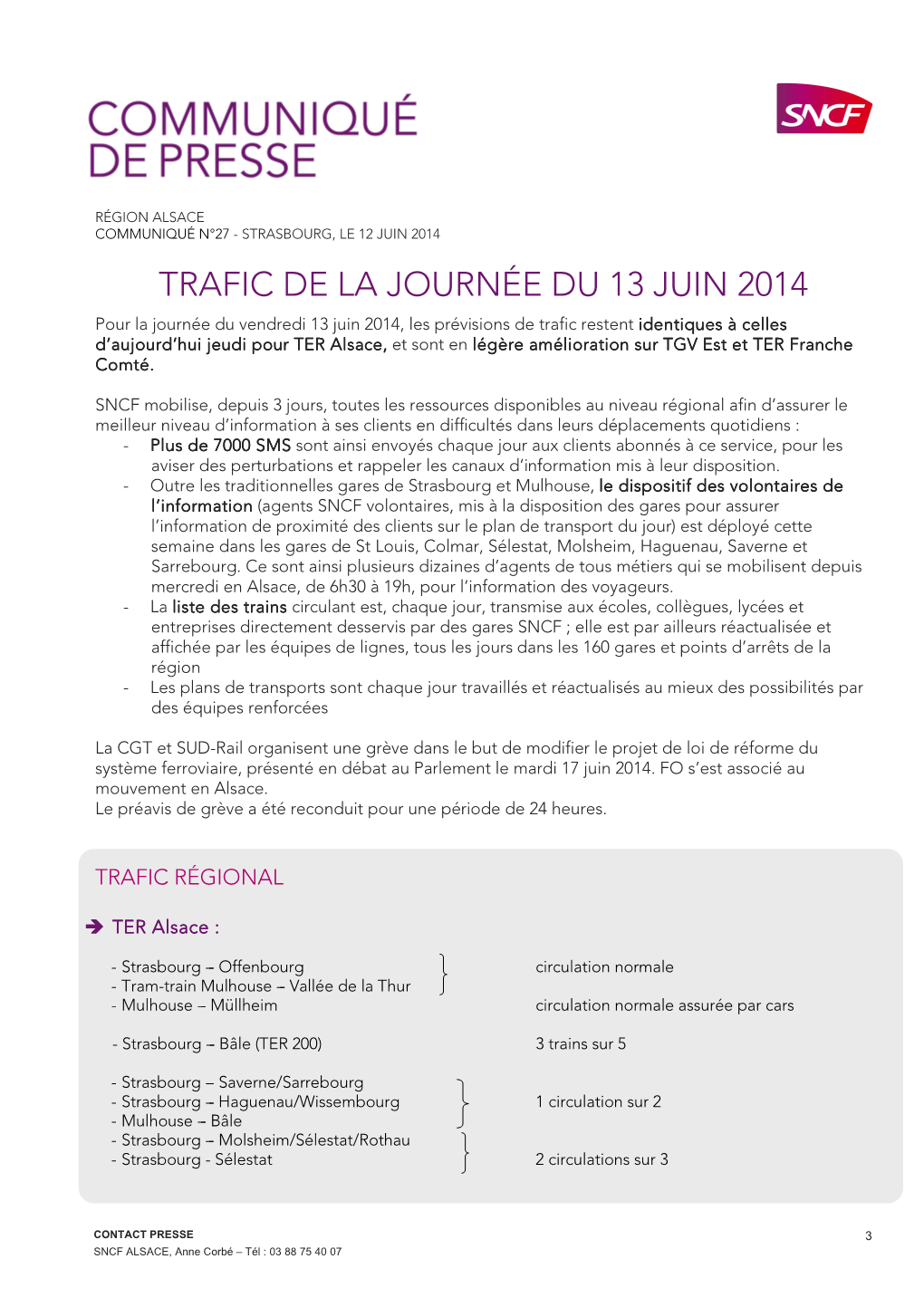 Trafic De La Journée Du 13 Juin 2014