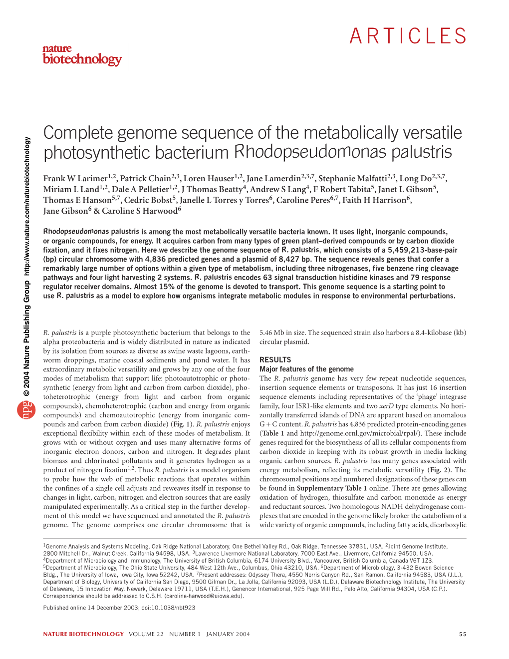 Complete Genome Sequence of the Metabolically Versatile Photosynthetic Bacterium Rhodopseudomonas Palustris