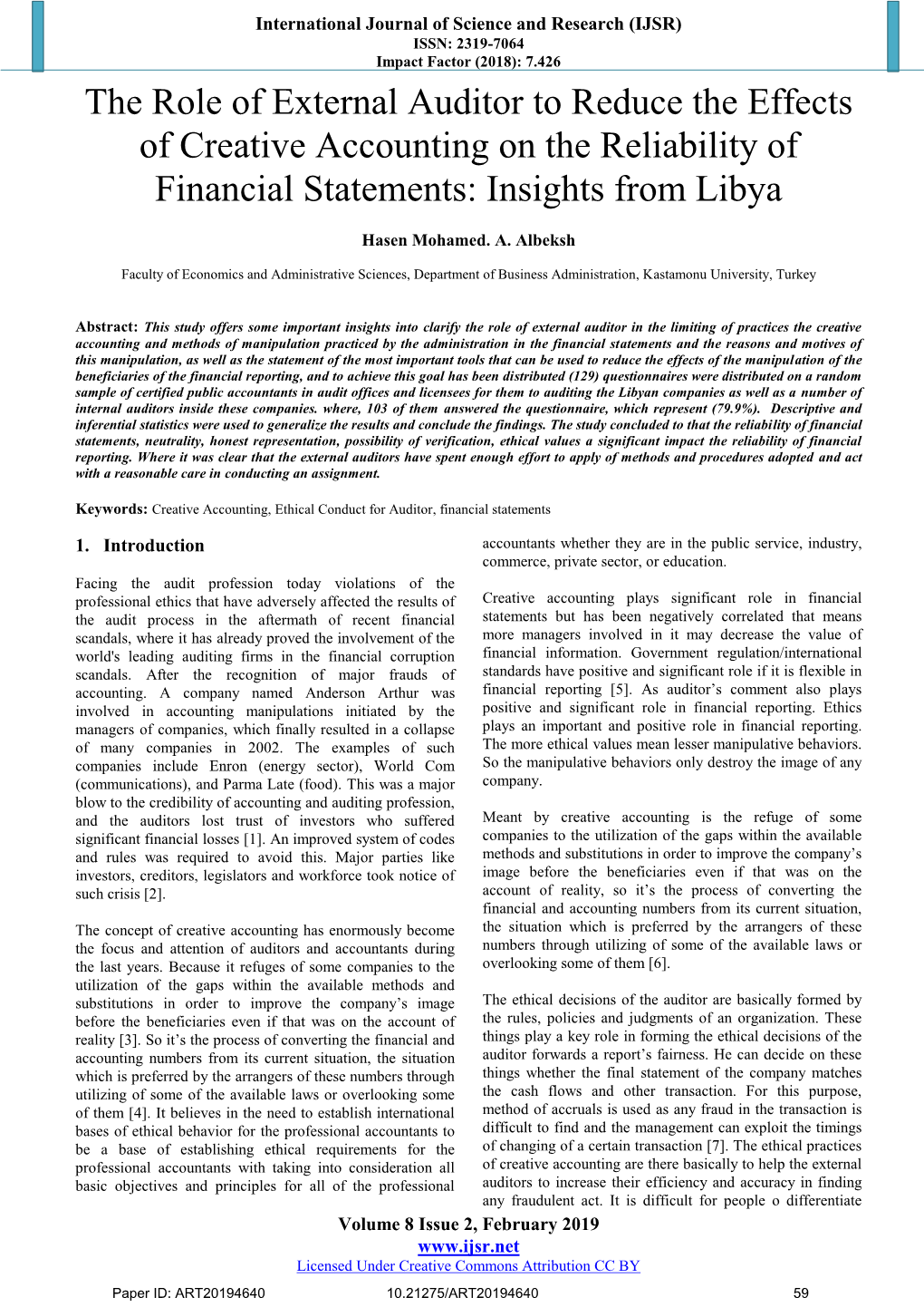 The Role of External Auditor to Reduce the Effects of Creative Accounting on the Reliability of Financial Statements: Insights from Libya