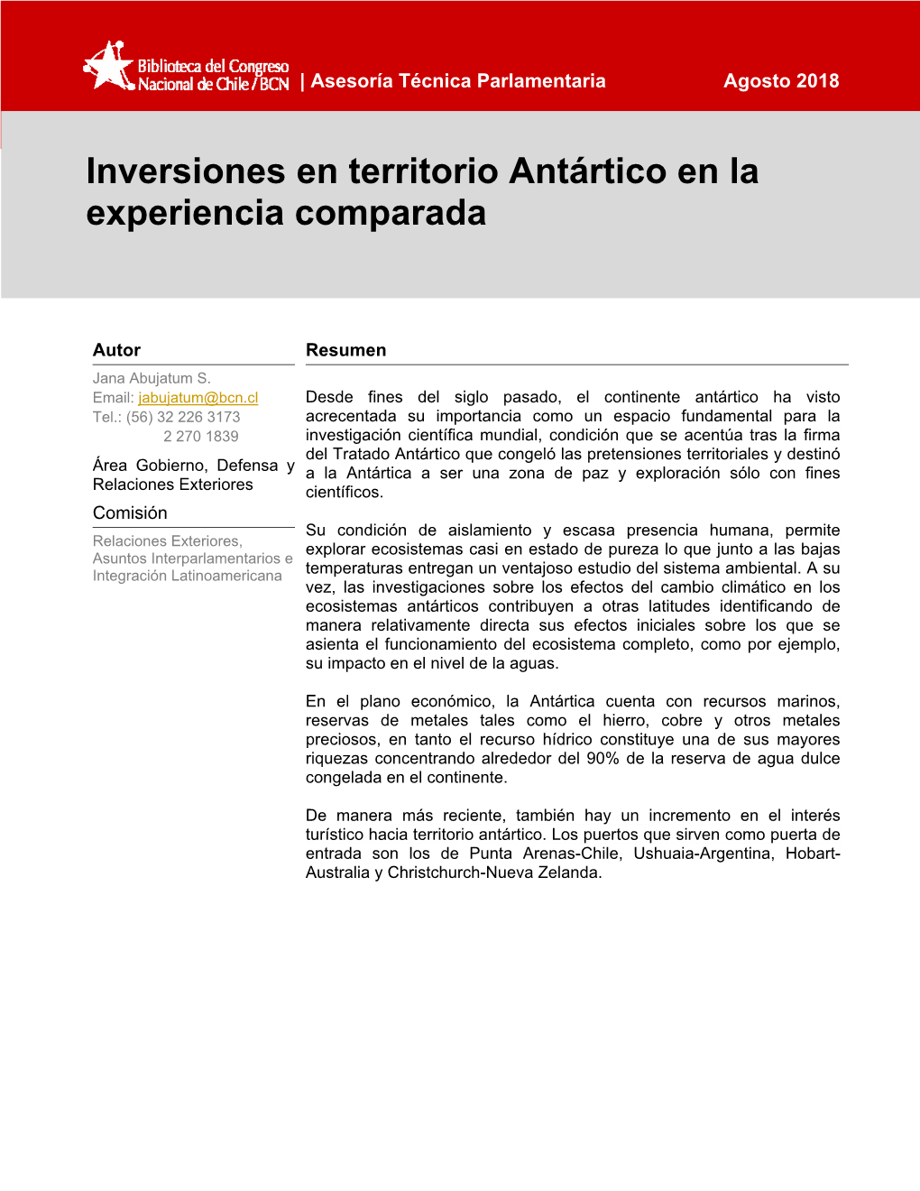 Inversiones En Territorio Antártico En La Experiencia Comparada