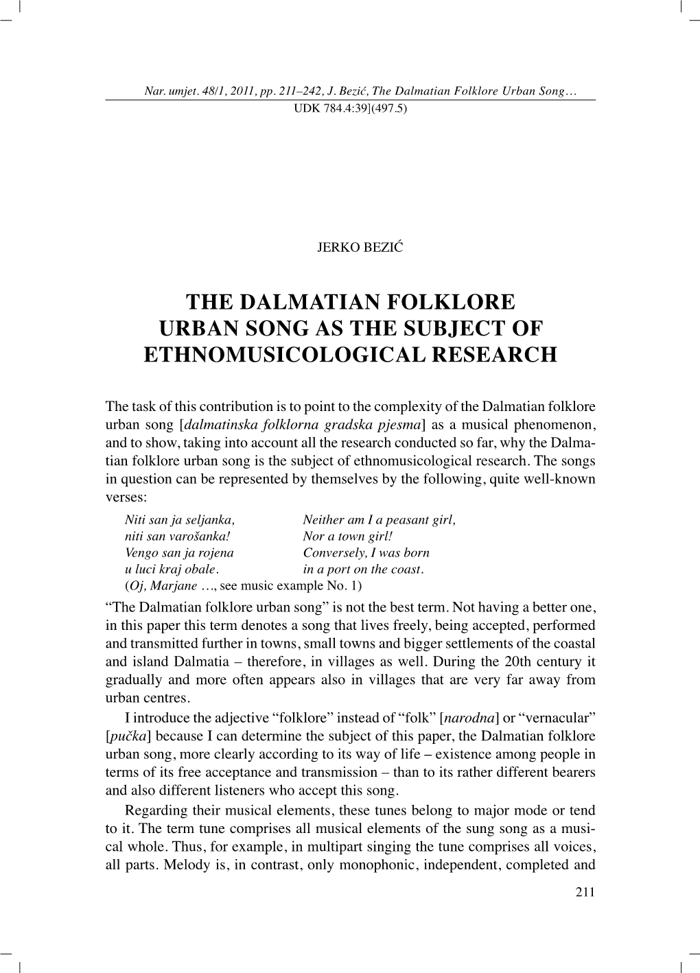 The Dalmatian Folklore Urban Song As the Subject of Ethnomusicological Research