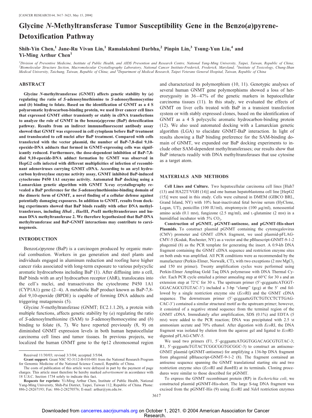 Glycine N-Methyltransferase Tumor Susceptibility Gene in the Benzo(A)Pyrene- Detoxification Pathway