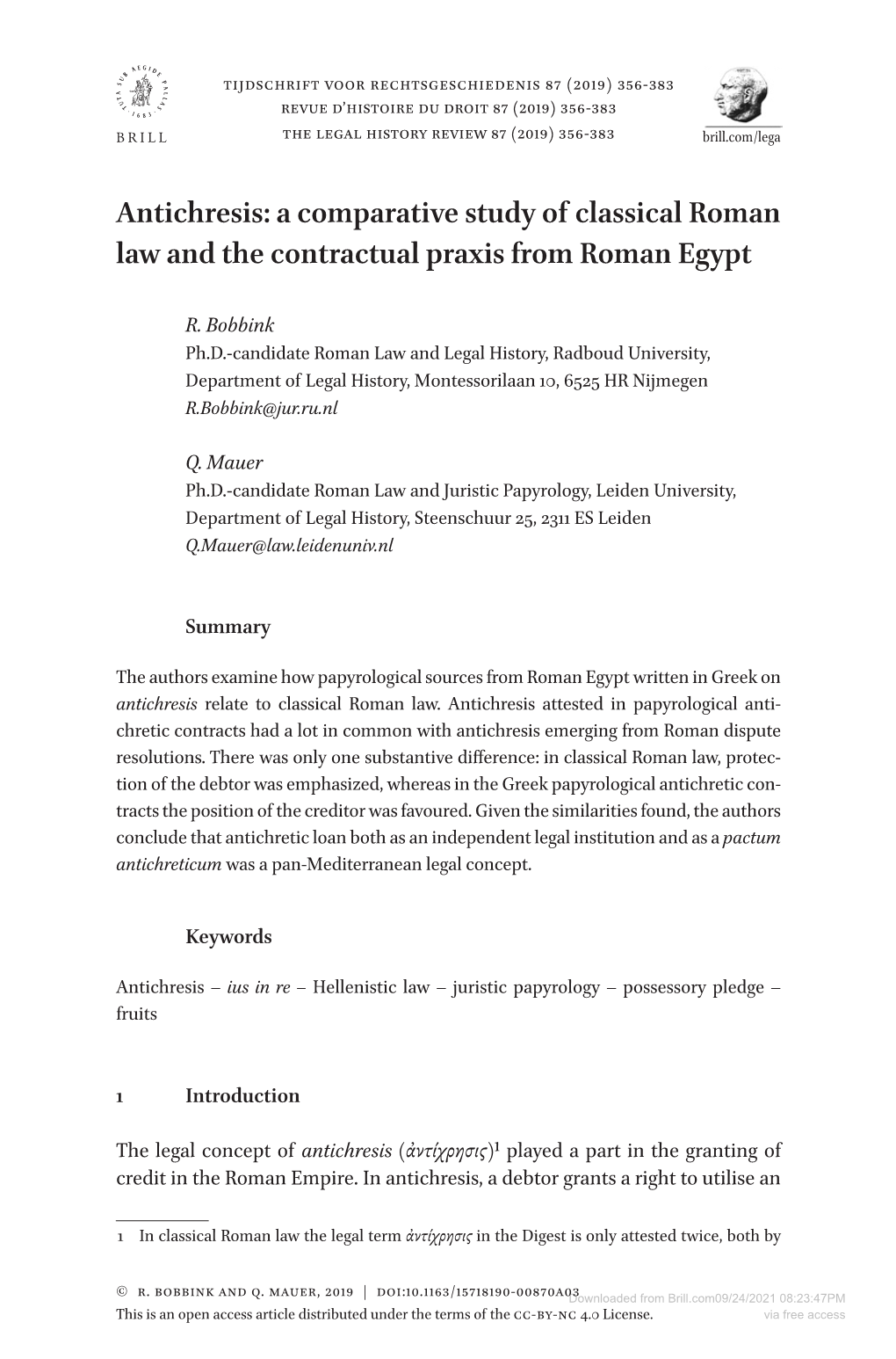 Antichresis: a Comparative Study of Classical Roman Law and the Contractual Praxis from Roman Egypt