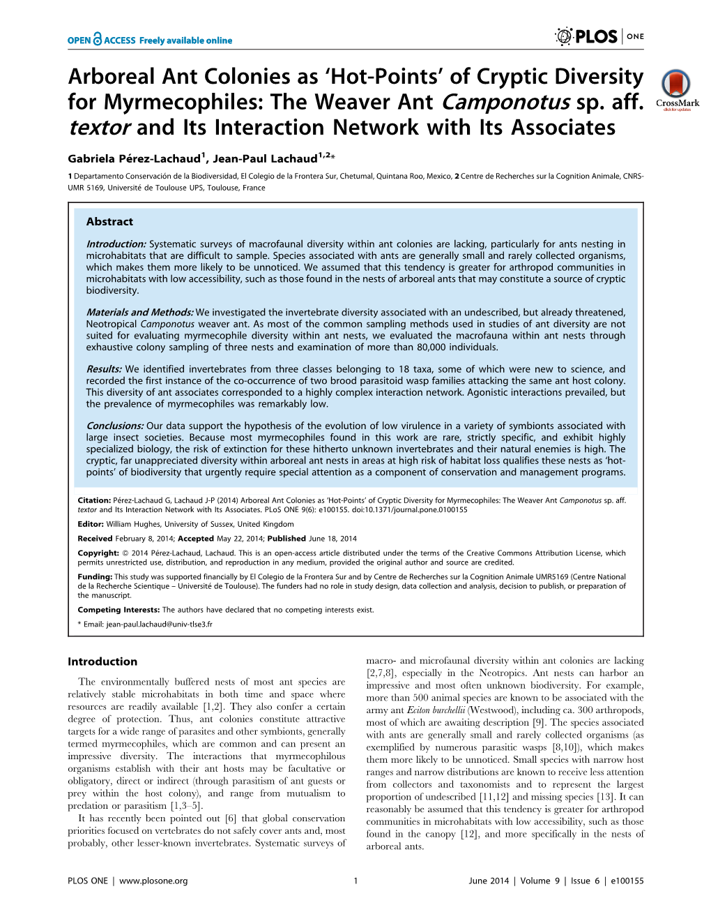 Of Cryptic Diversity for Myrmecophiles: the Weaver Ant Camponotus Sp