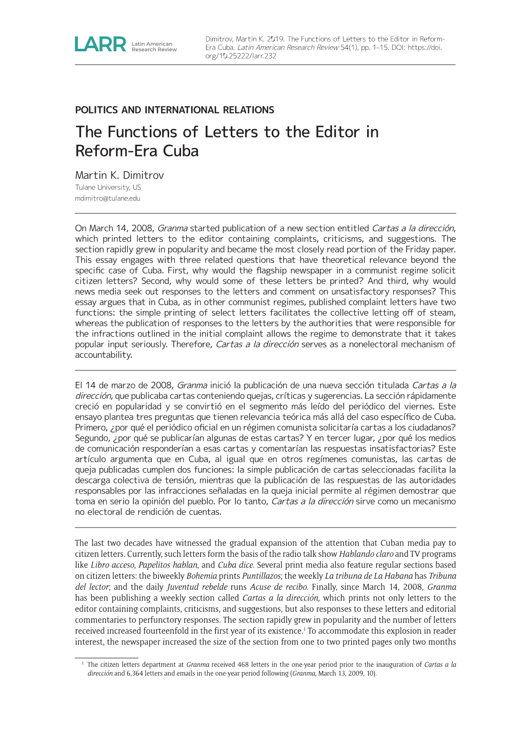 The Functions of Letters to the Editor in Reform-Era Cuba Martin K