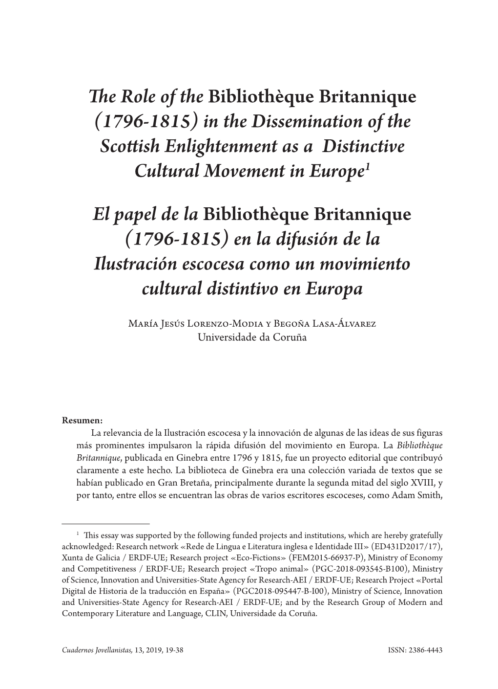 The Role of the Bibliothèque Britannique (1796-1815) in the Dissemination of the Scottish Enlightenment As a Distinctive Cultural Movement in Europe 21
