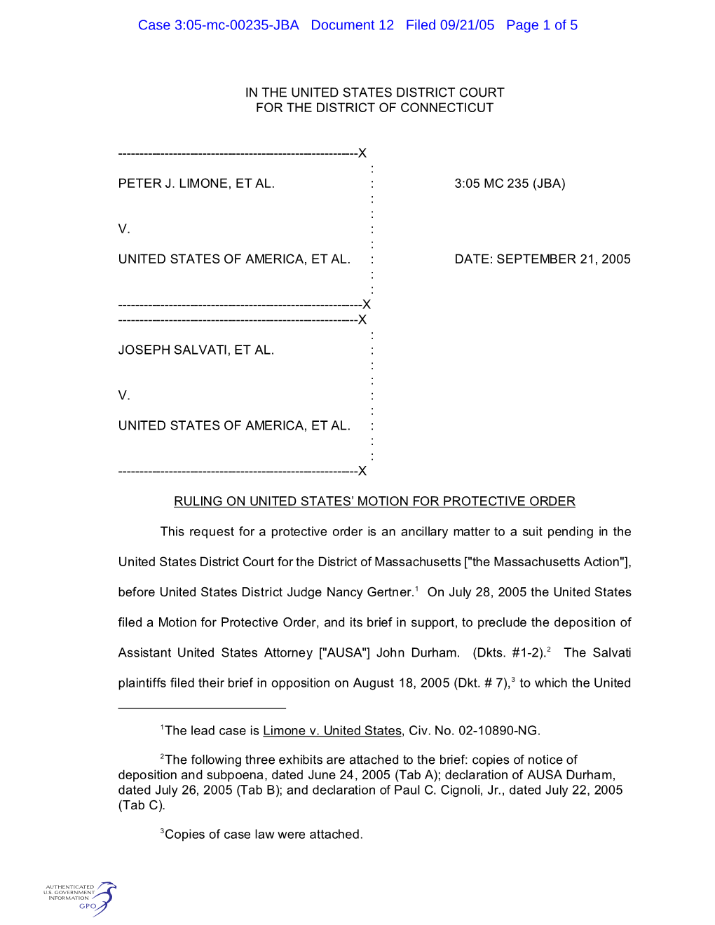 Case 3:05-Mc-00235-JBA Document 12 Filed 09/21/05 Page 1 of 5