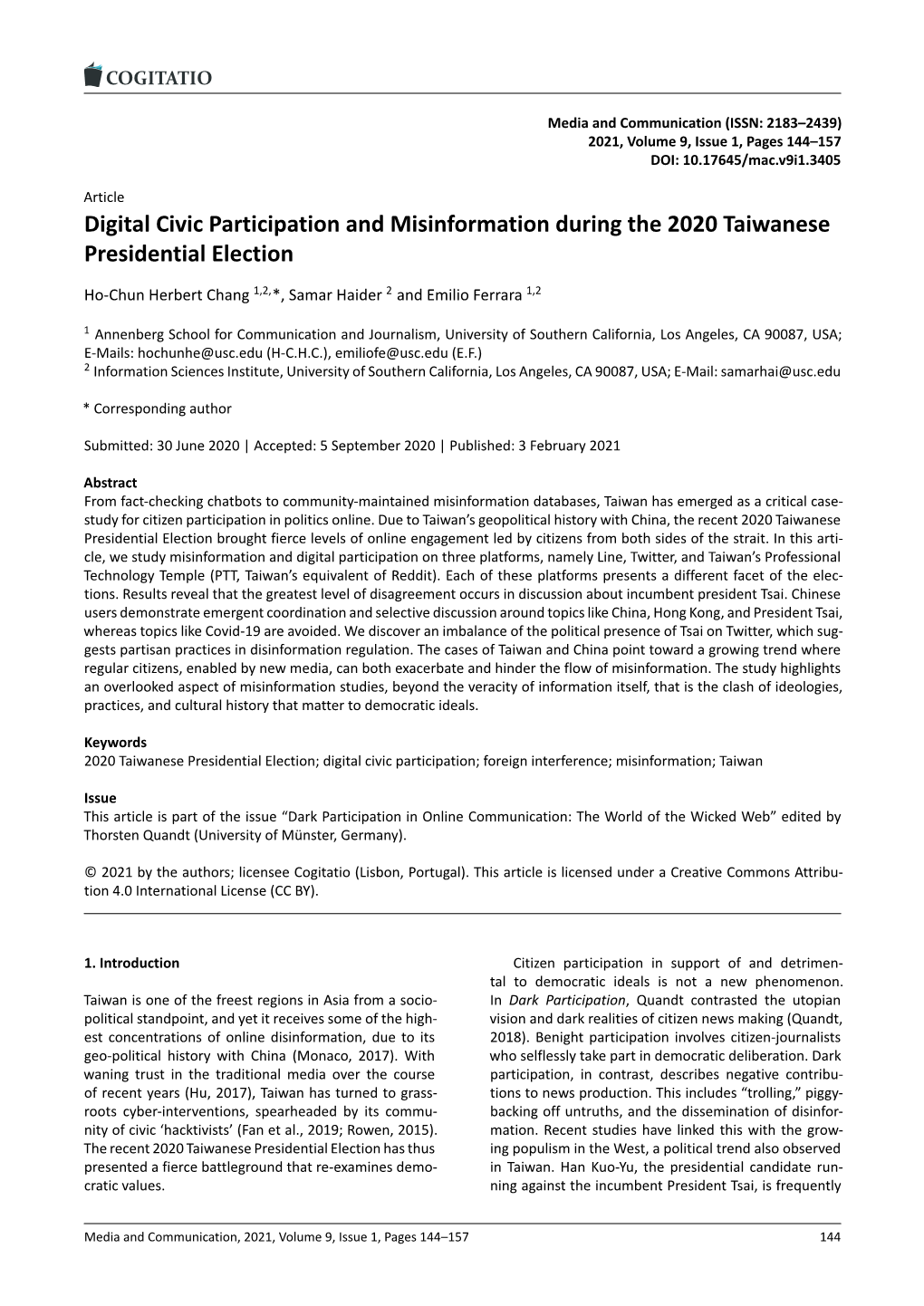 Digital Civic Participation and Misinformation During the 2020 Taiwanese Presidential Election