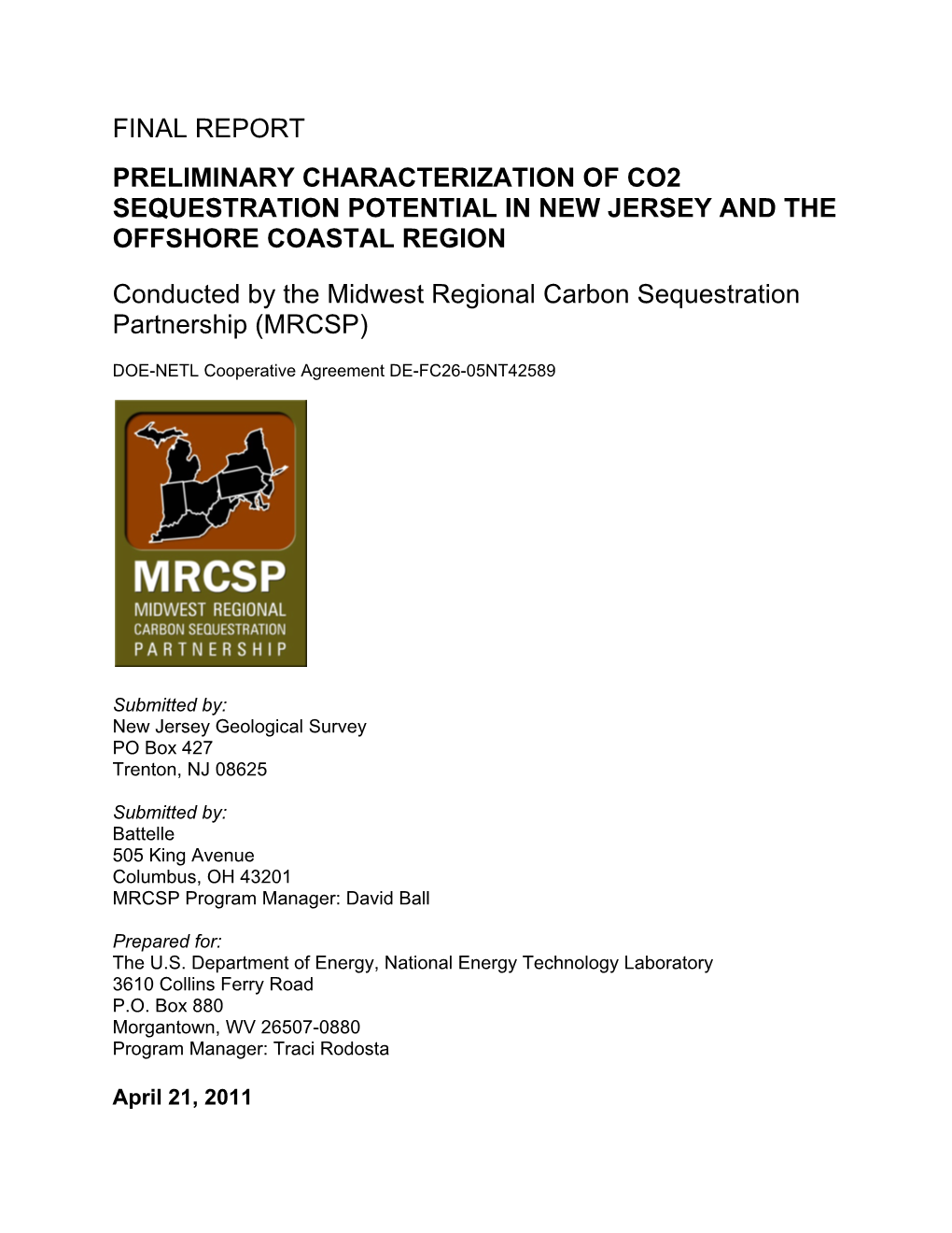 Final Report Preliminary Characterization of Co2 Sequestration Potential in New Jersey and the Offshore Coastal Region