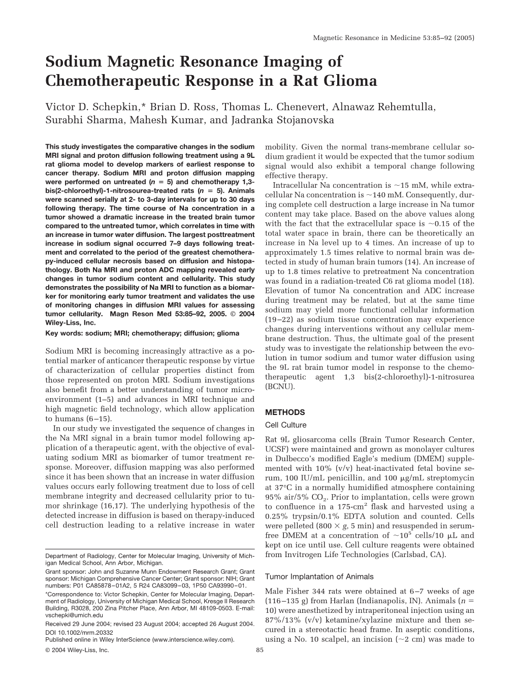 Sodium Magnetic Resonance Imaging of Chemotherapeutic Response in a Rat Glioma