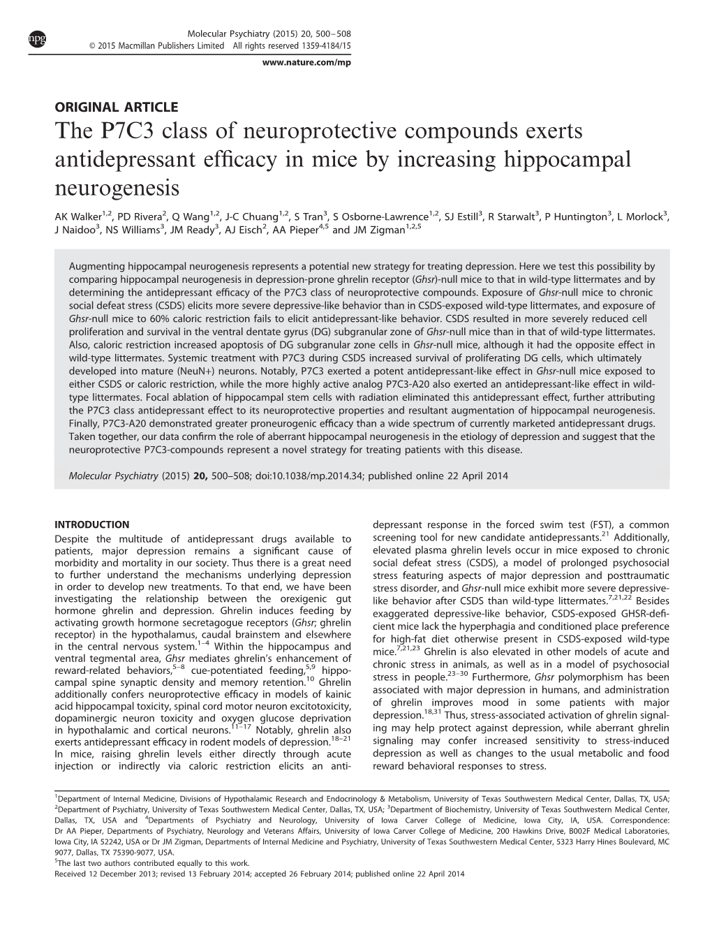 The P7C3 Class of Neuroprotective Compounds Exerts Antidepressant Efﬁcacy in Mice by Increasing Hippocampal Neurogenesis