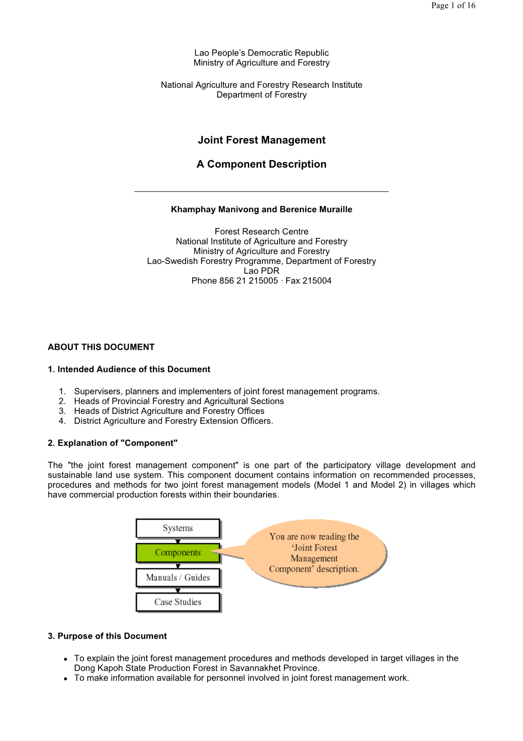 Joint Forest Management a Component Description