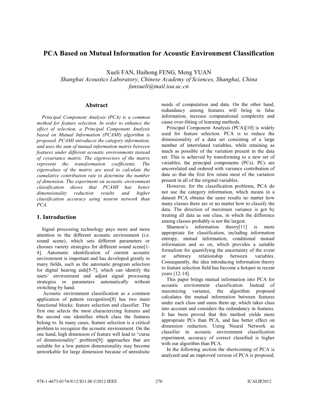 PCA Based on Mutual Information for Acoustic Environment Classification