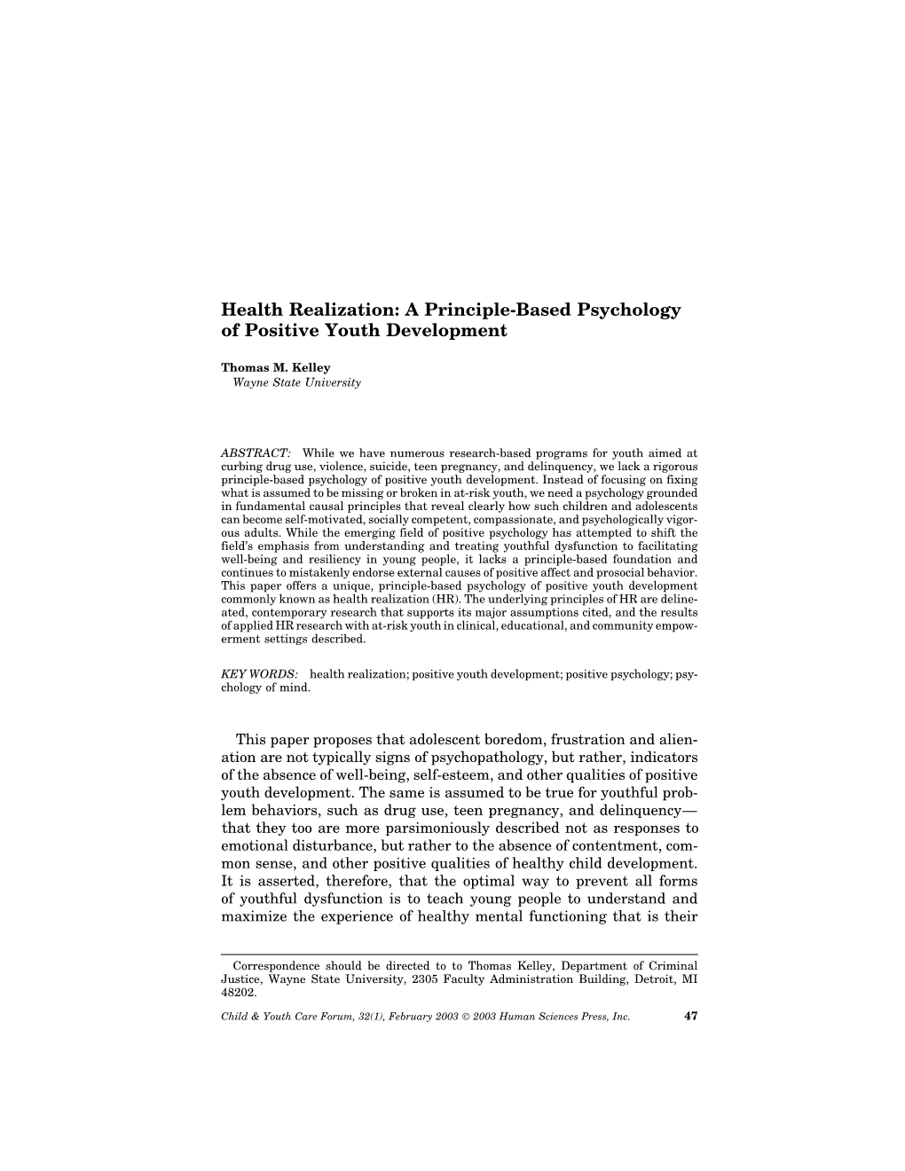 Health Realization: a Principle-Based Psychology of Positive Youth Development