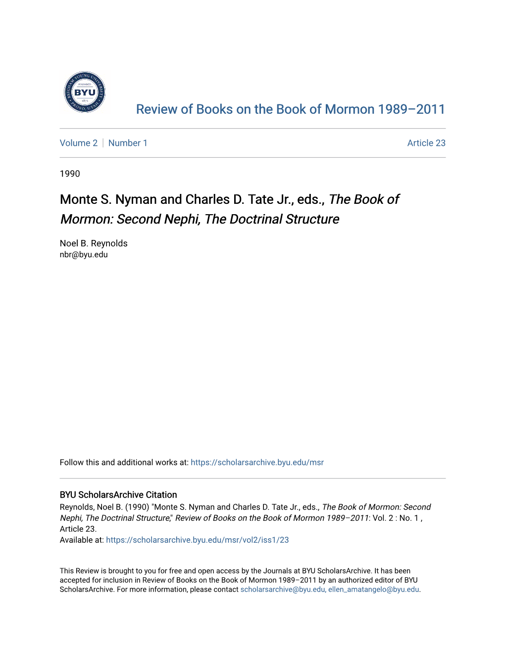 Monte S. Nyman and Charles D. Tate Jr., Eds., the Book of Mormon: Second Nephi, the Doctrinal Structure