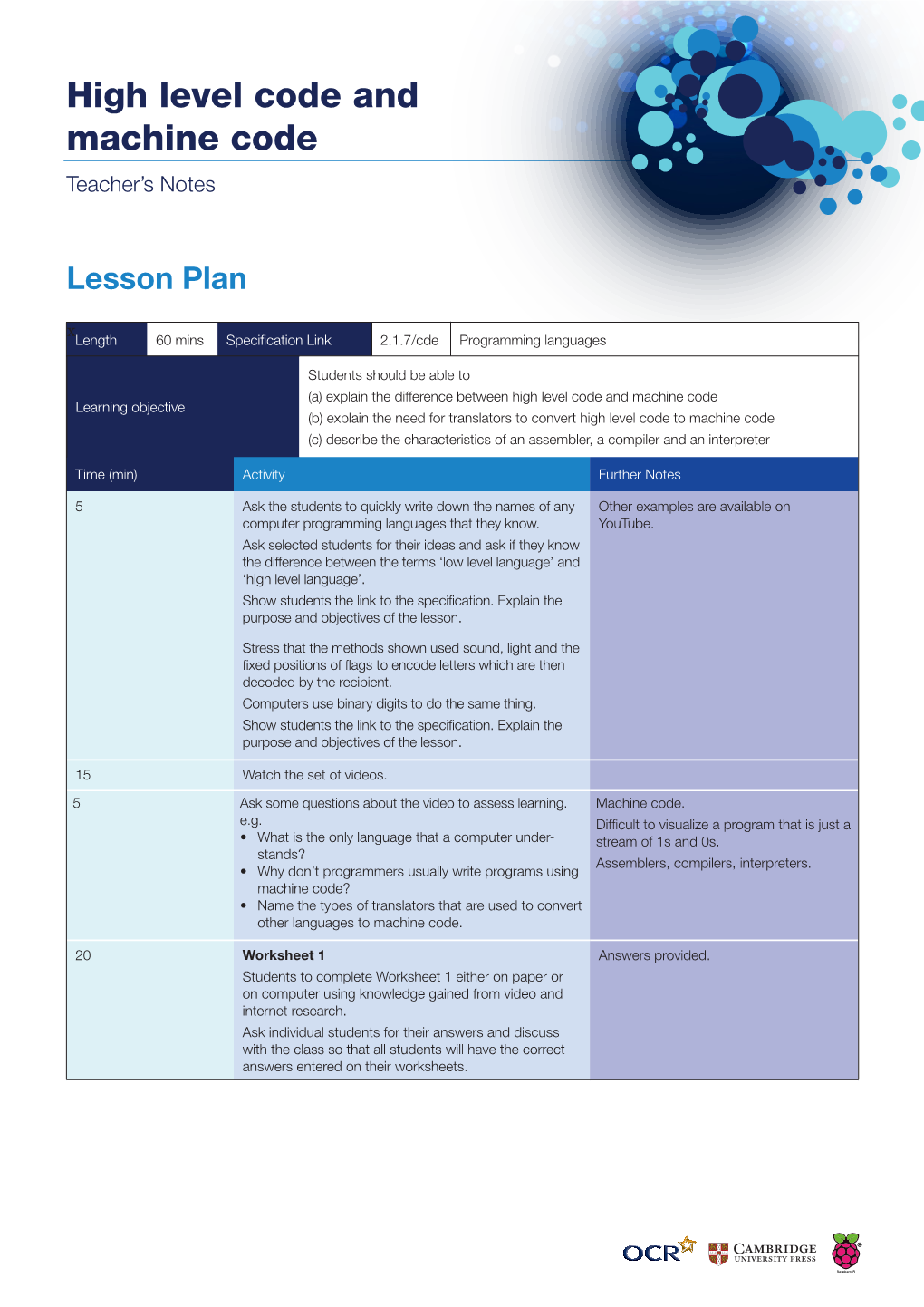 High Level Code and Machine Code Teacher’S Notes