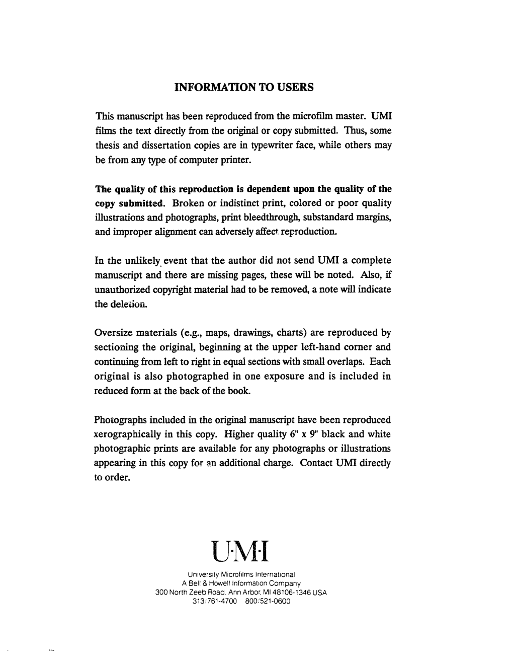 V·M·I University Microfilms International a Bell & Howell Information Company 300 North Zeeb Road, Ann Arbor, M148106-1346 USA 313:761-4700 800.'521-0600