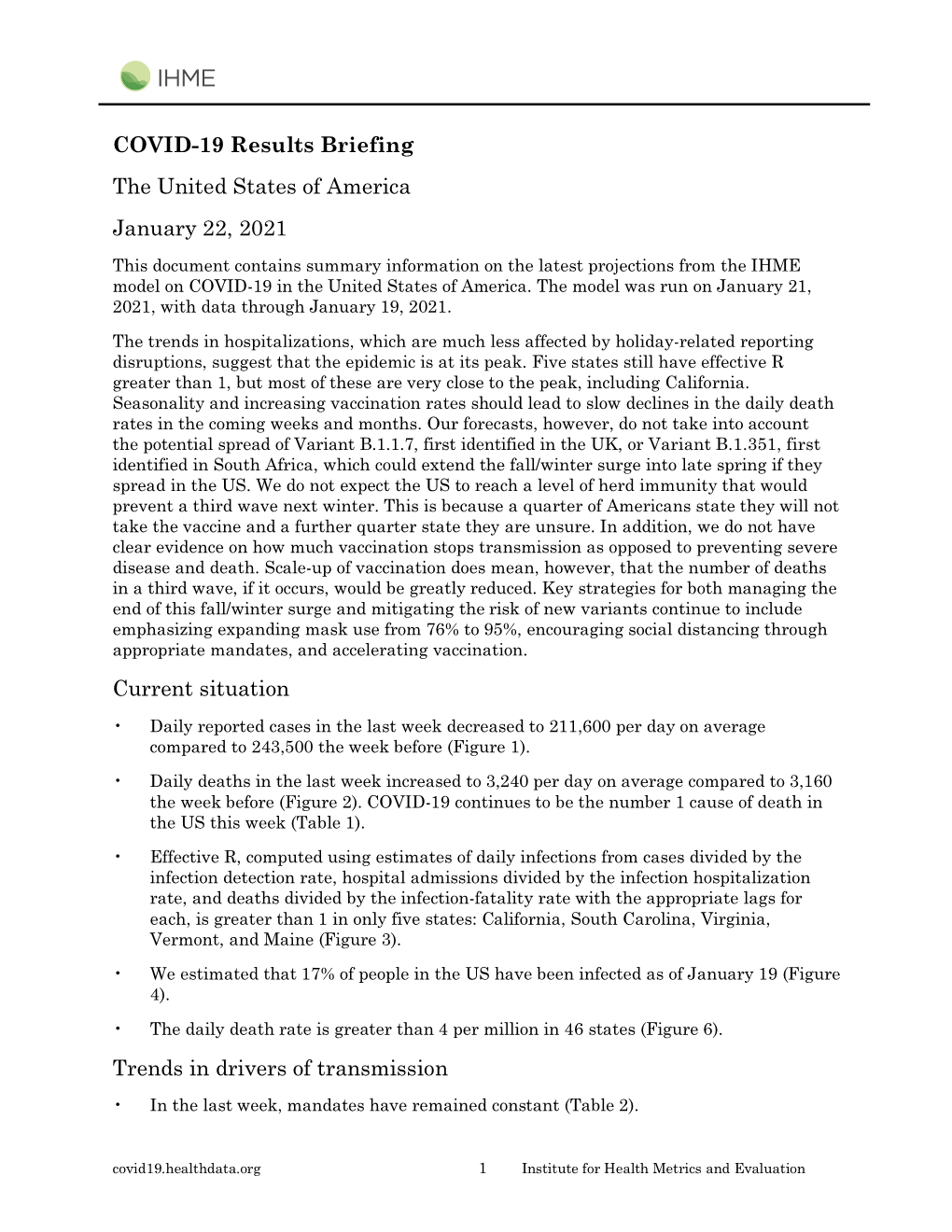 COVID-19 Results Briefing the United States of America January 22, 2021