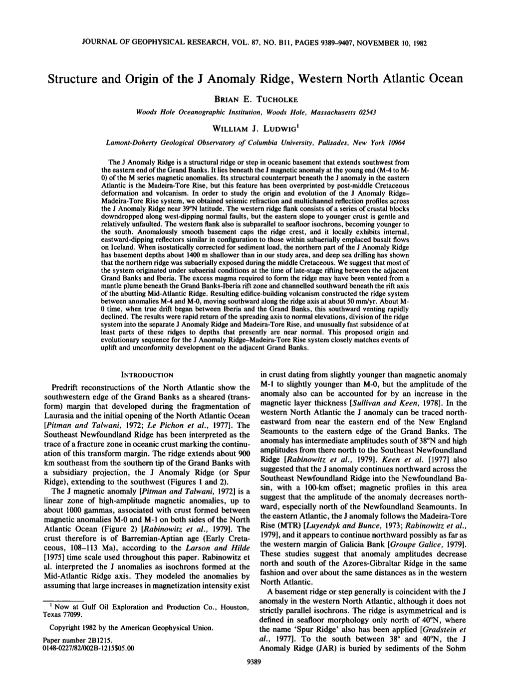 Structure and Origin of the J Anomaly Ridge, Western North Atlantic Ocean