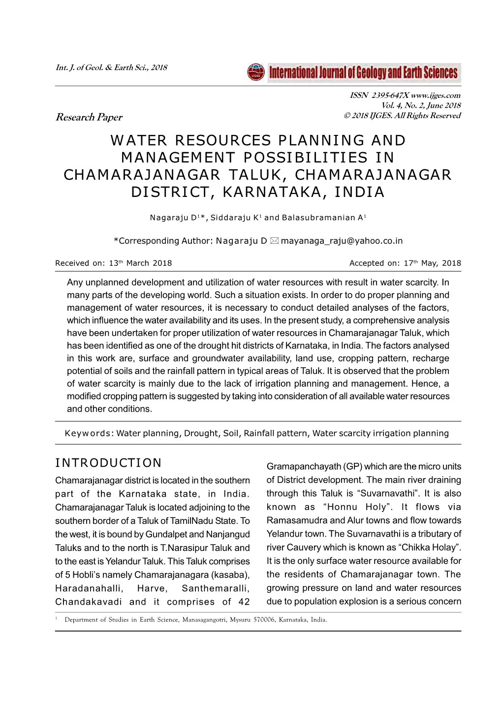 Water Resources Planning and Management Possibilities in Chamarajanagar Taluk, Chamarajanagar District, Karnataka, India