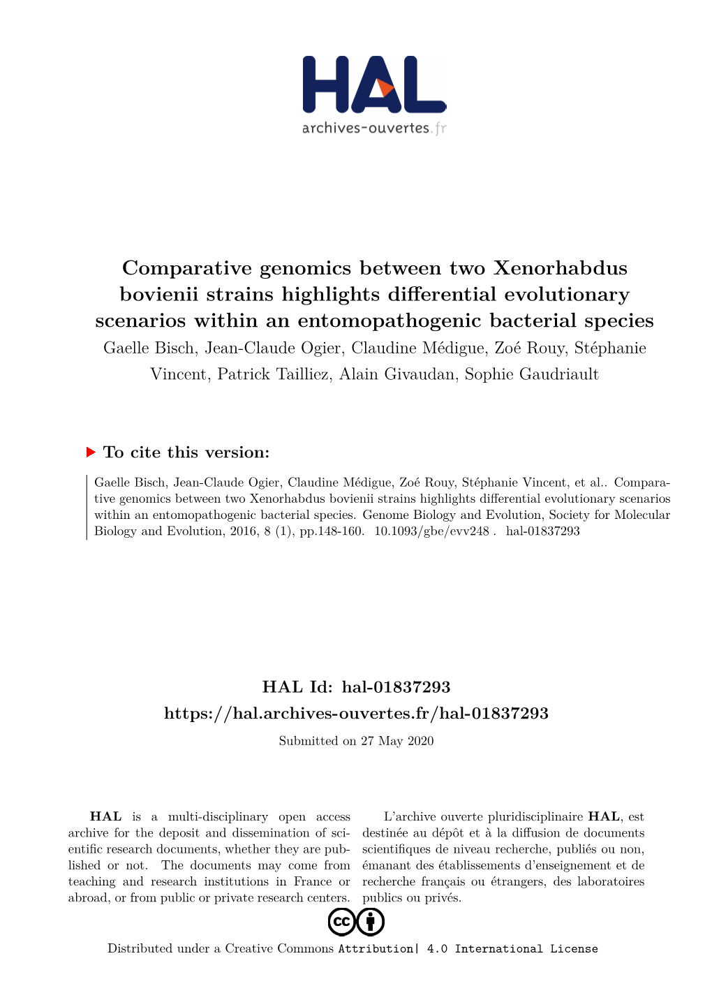 Comparative Genomics Between Two Xenorhabdus Bovienii Strains