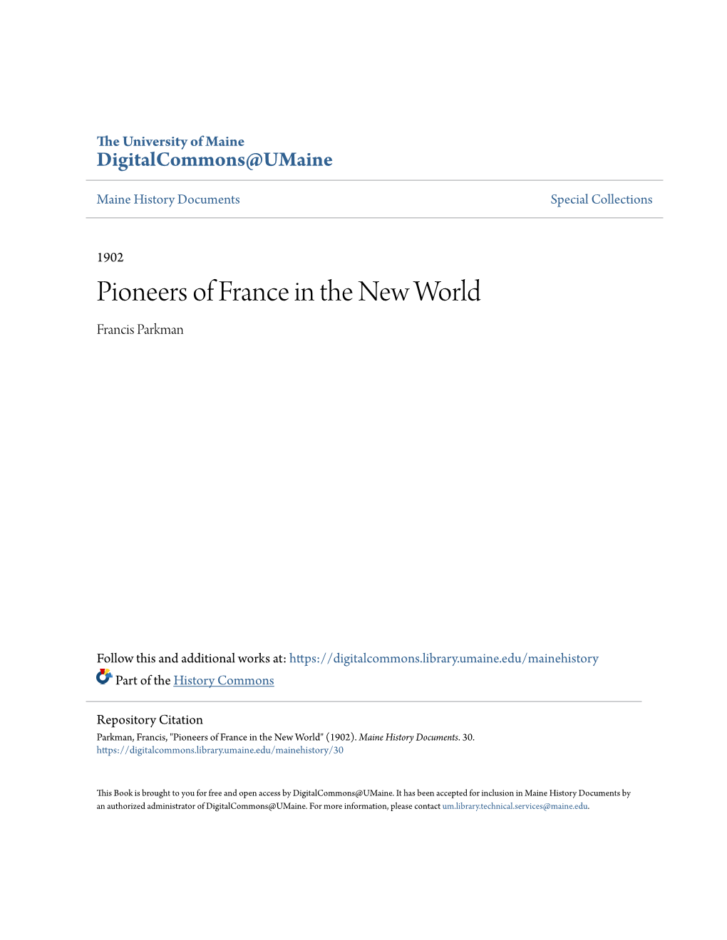 Pioneers of France in the New World Francis Parkman