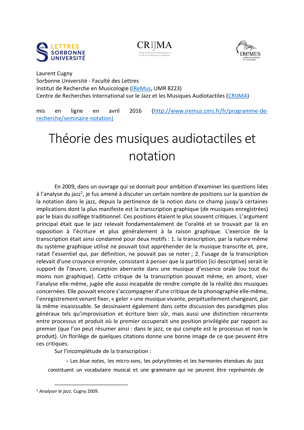 Théorie Des Musiques Audiotactiles Et Notation