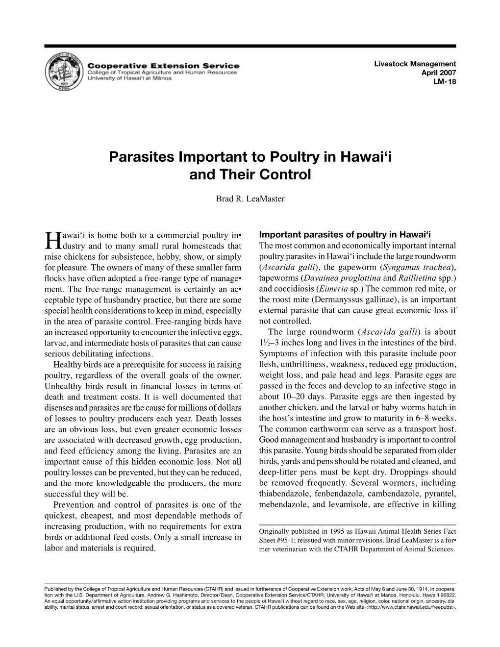 Parasites Important to Poultry in Hawai'i and Their Control