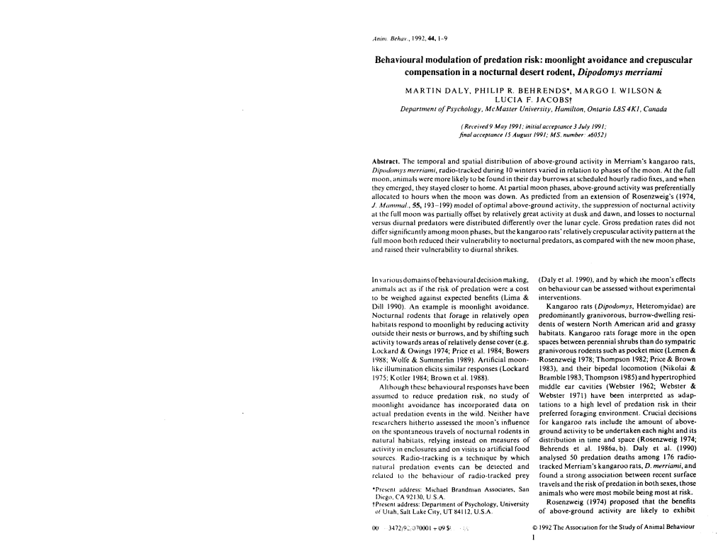 Behavioural Modulation of Predation Risk: Moonlight Avoidance And