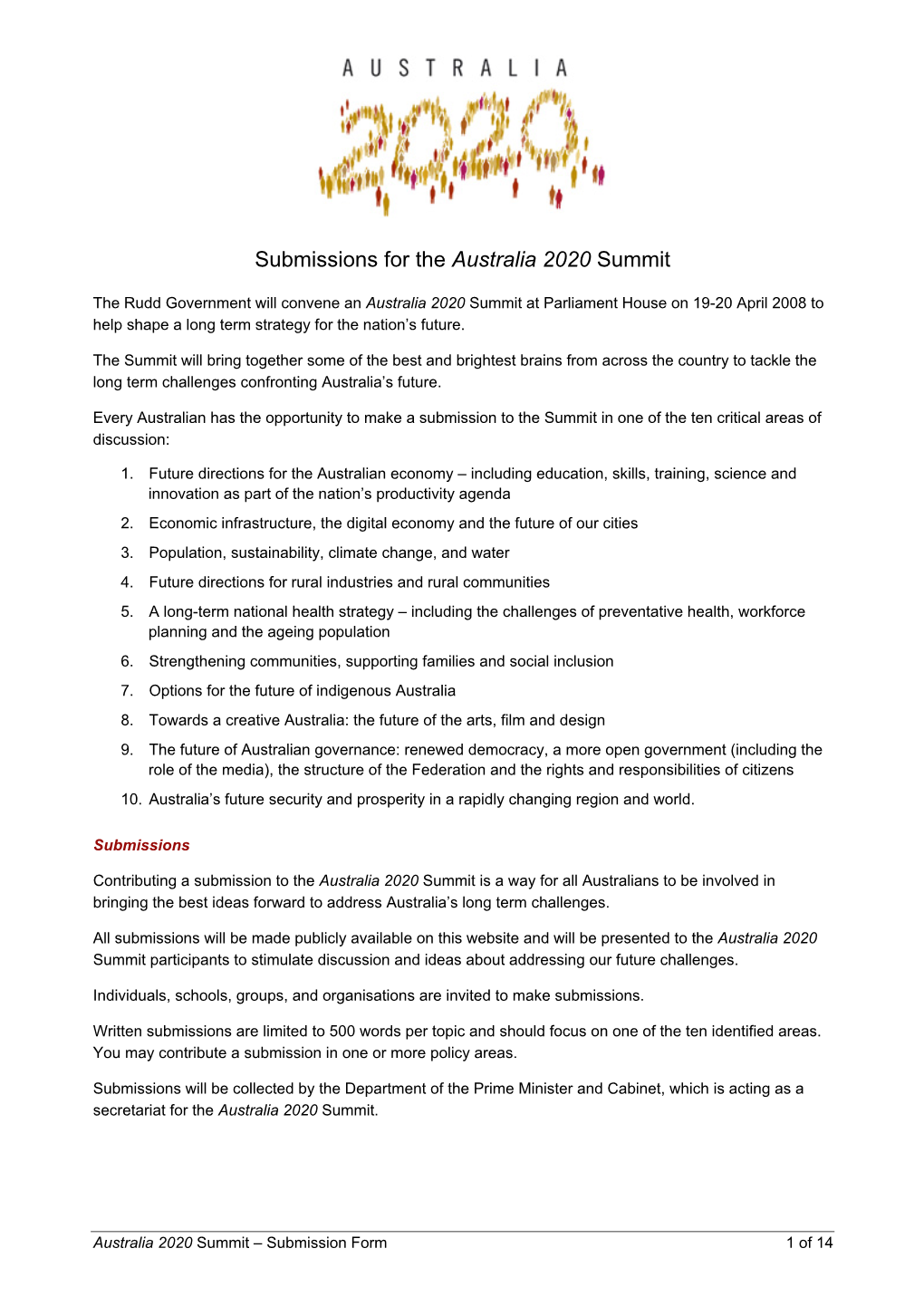 Australian 2020 Summit Submission Form