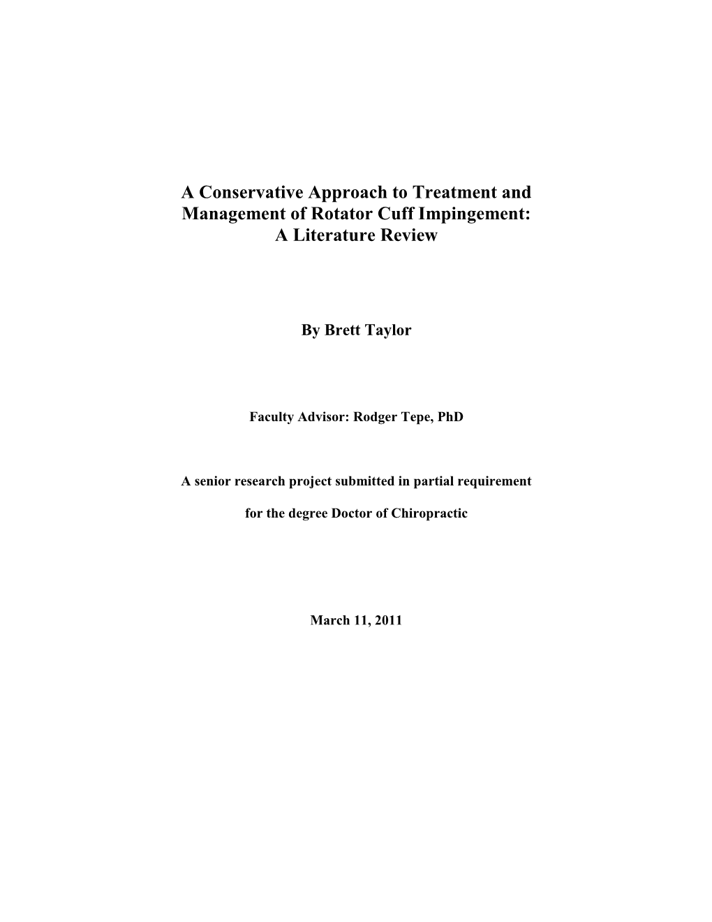 A Conservative Approach to Treatment and Management of Rotator Cuff Impingement: a Literature Review