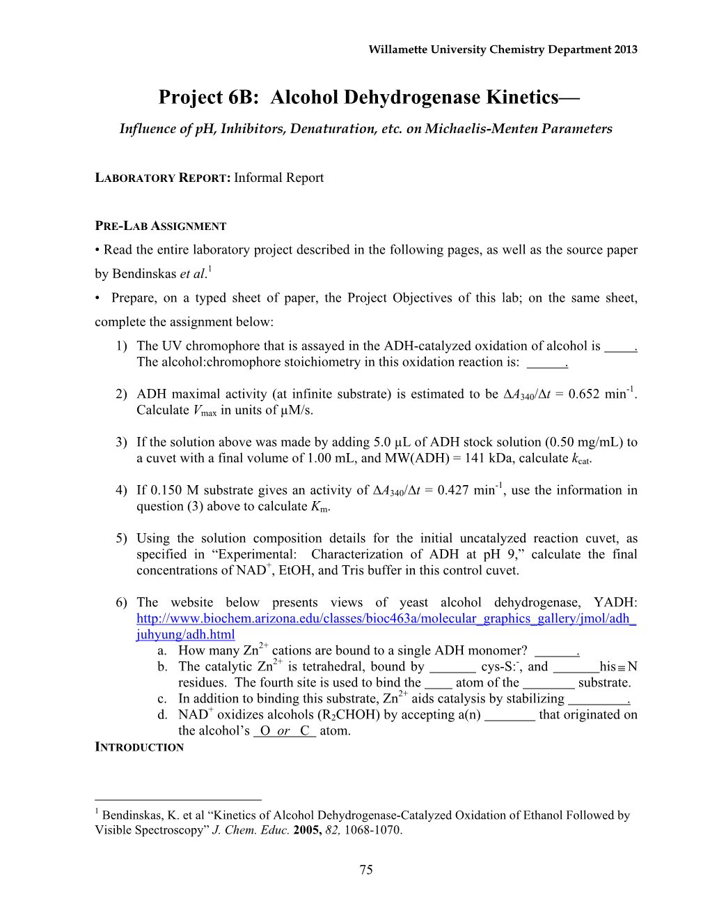 Project 6B: Alcohol Dehydrogenase Kinetics—