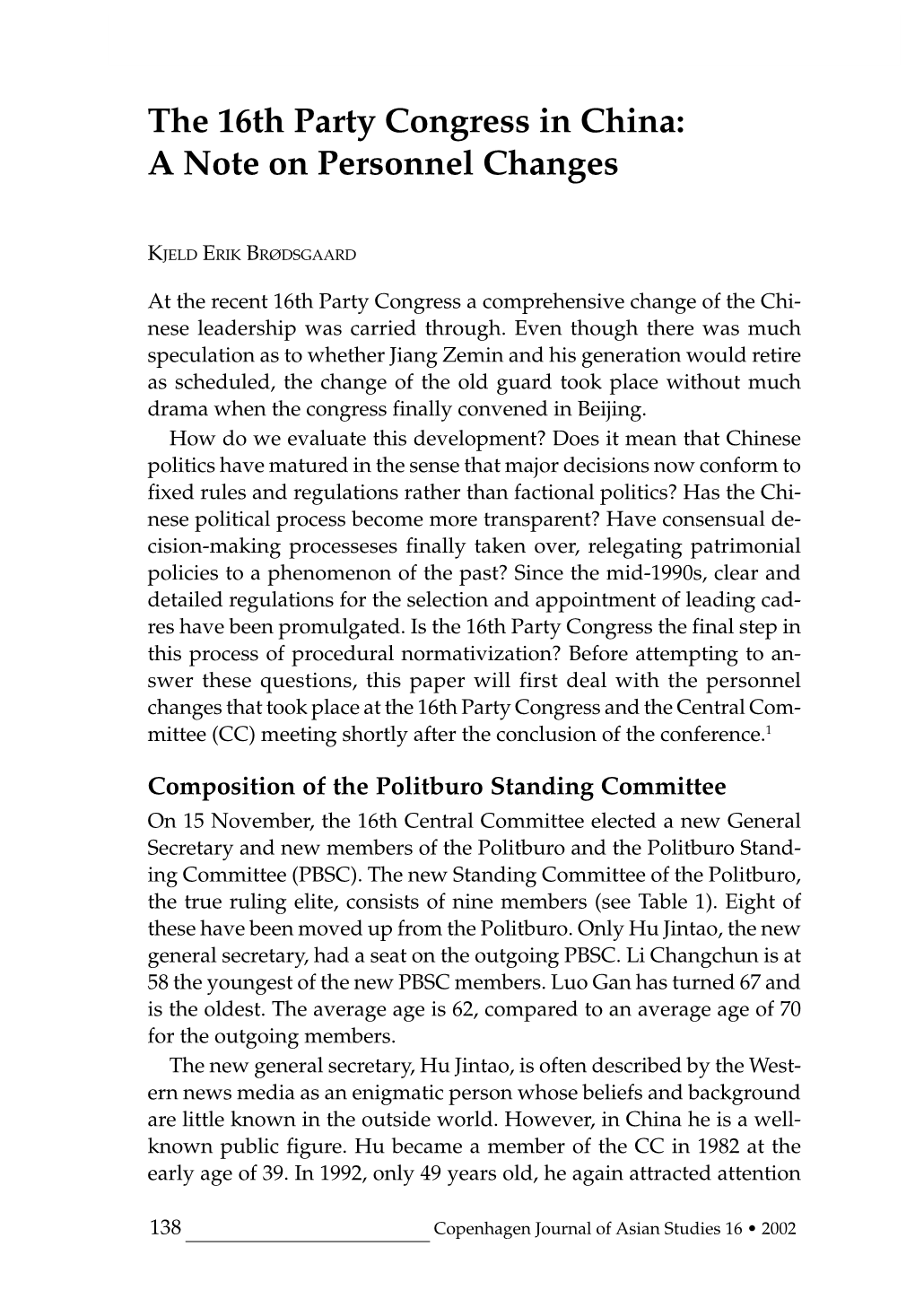 The 16Th Party Congress in China: a Note on Personnel Changes