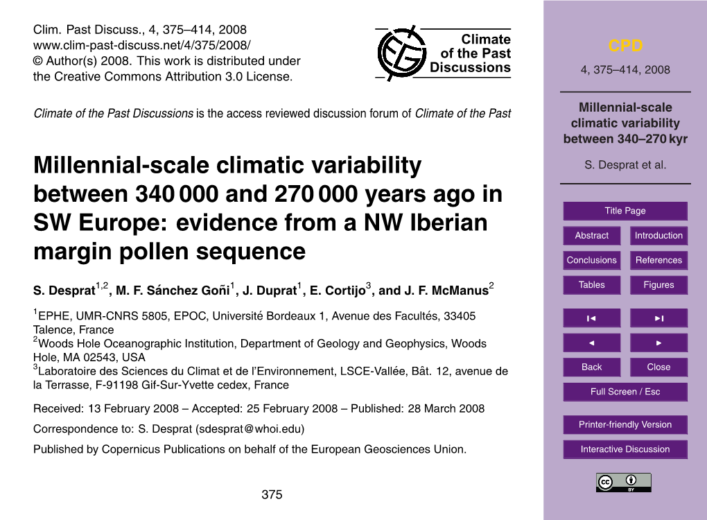 Millennial-Scale Climatic Variability Between 340–270 Kyr Millennial-Scale Climatic Variability S