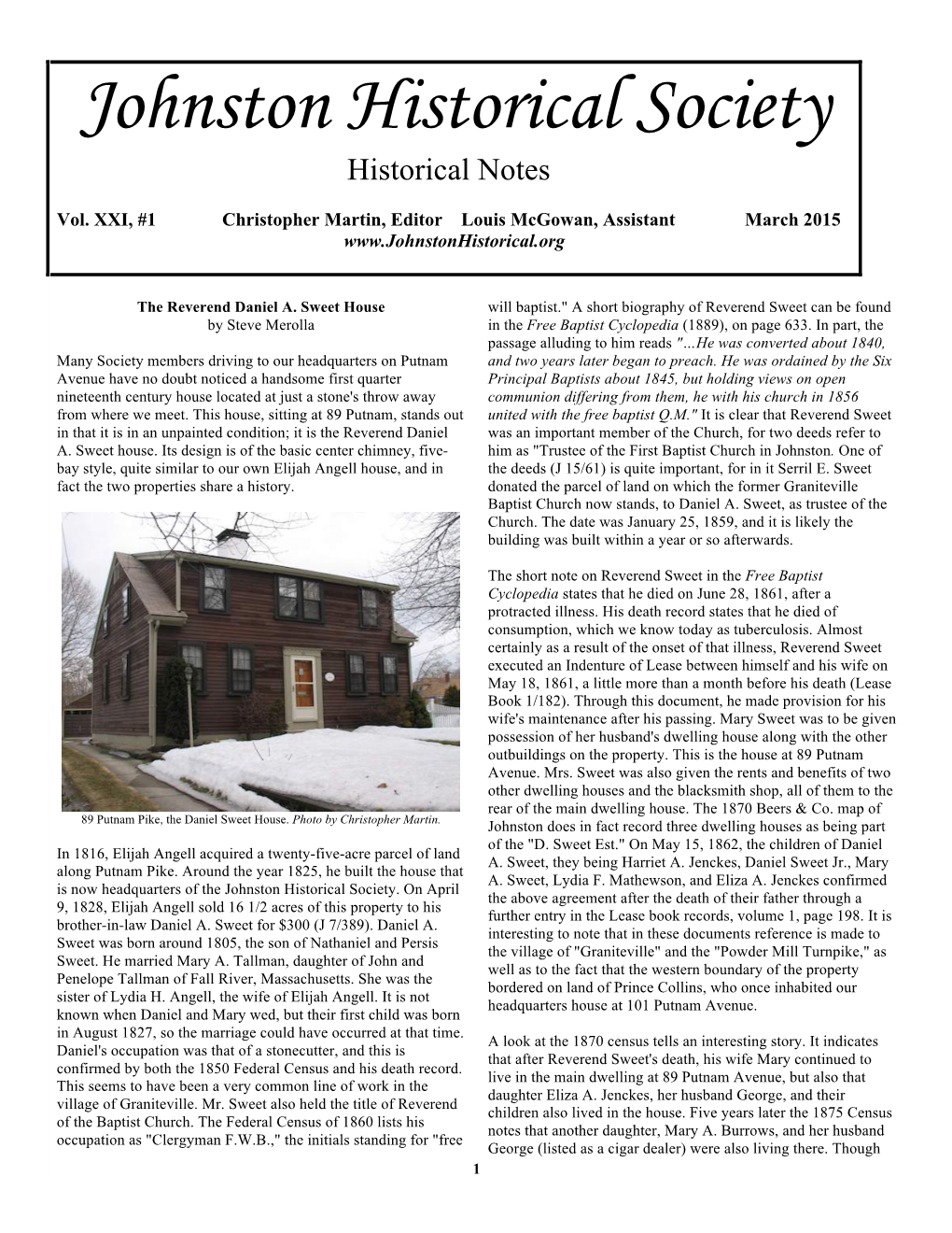 Johnston Historical Society Historical Notes