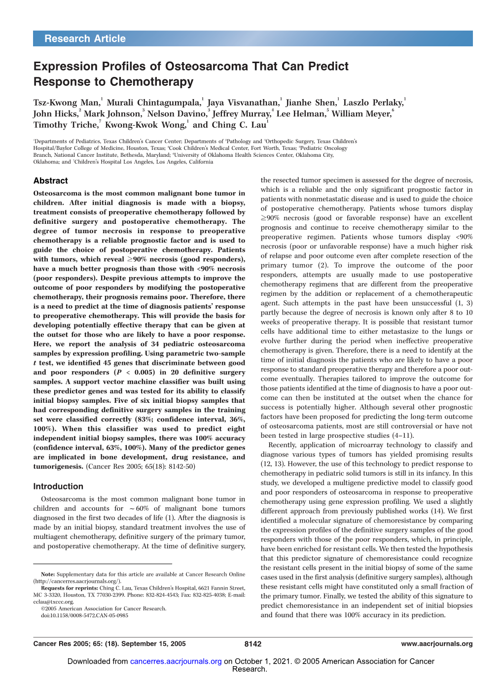 Expression Profiles of Osteosarcoma That Can Predict Response to Chemotherapy