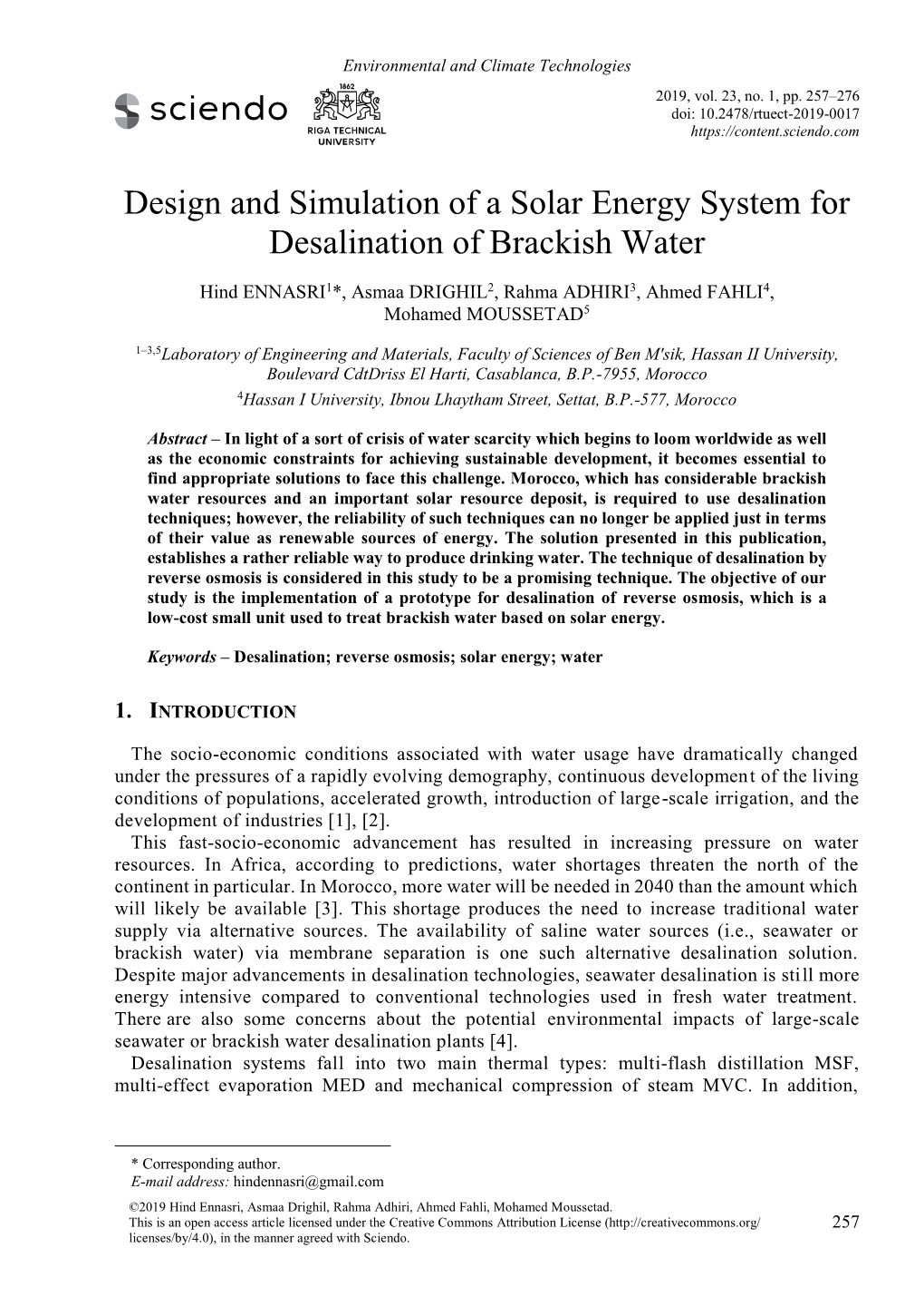 Design and Simulation of a Solar Energy System for Desalination of Brackish Water