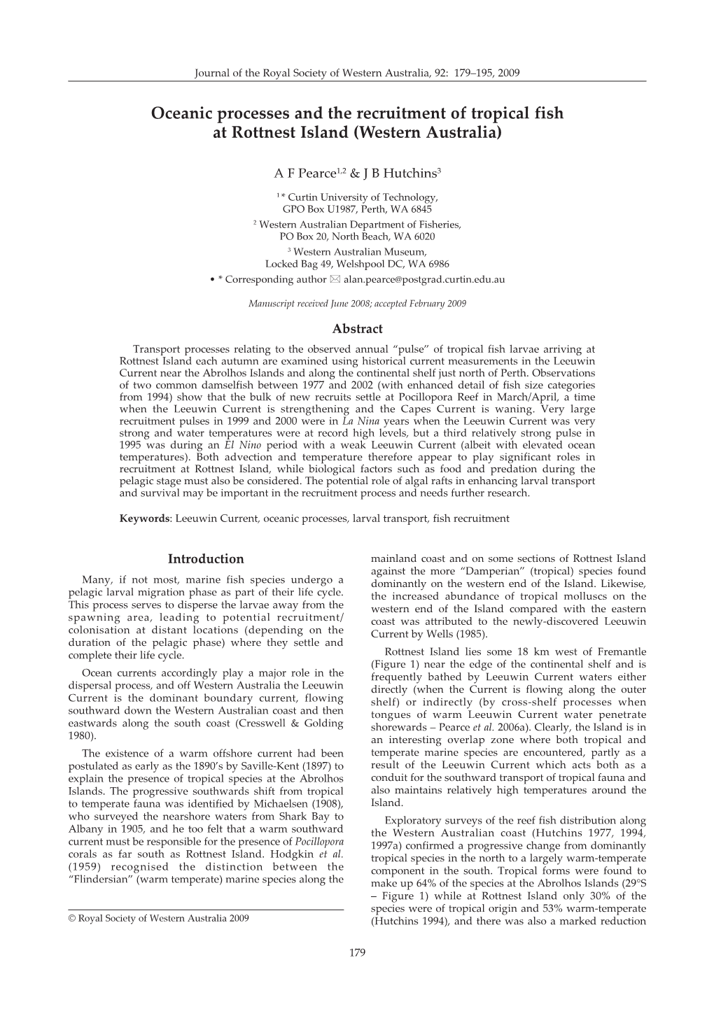 Oceanic Processes and the Recruitment of Tropical Fish at Rottnest Island (Western Australia)