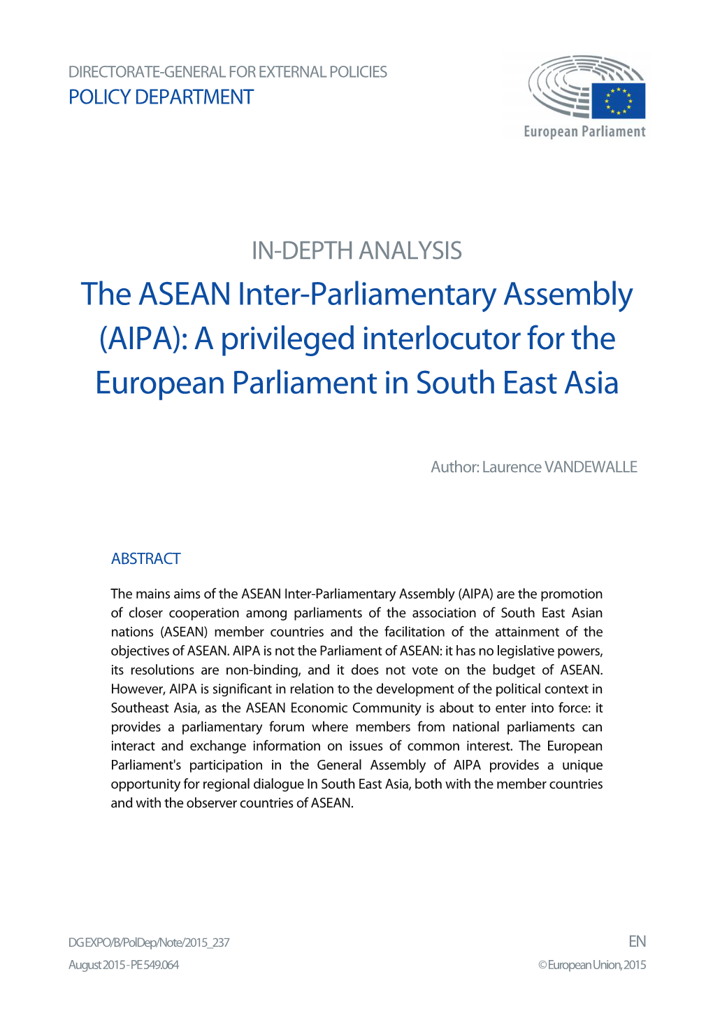 The ASEAN Inter-Parliamentary Assembly (AIPA): a Privileged Interlocutor for the European Parliament in South East Asia