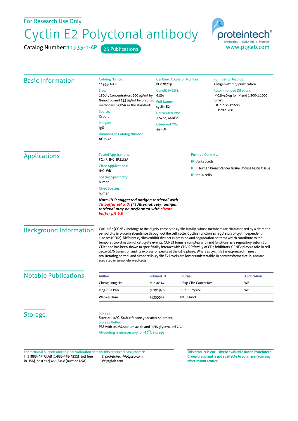 Cyclin E2 Polyclonal Antibody Catalog Number:11935-1-AP 25 Publications