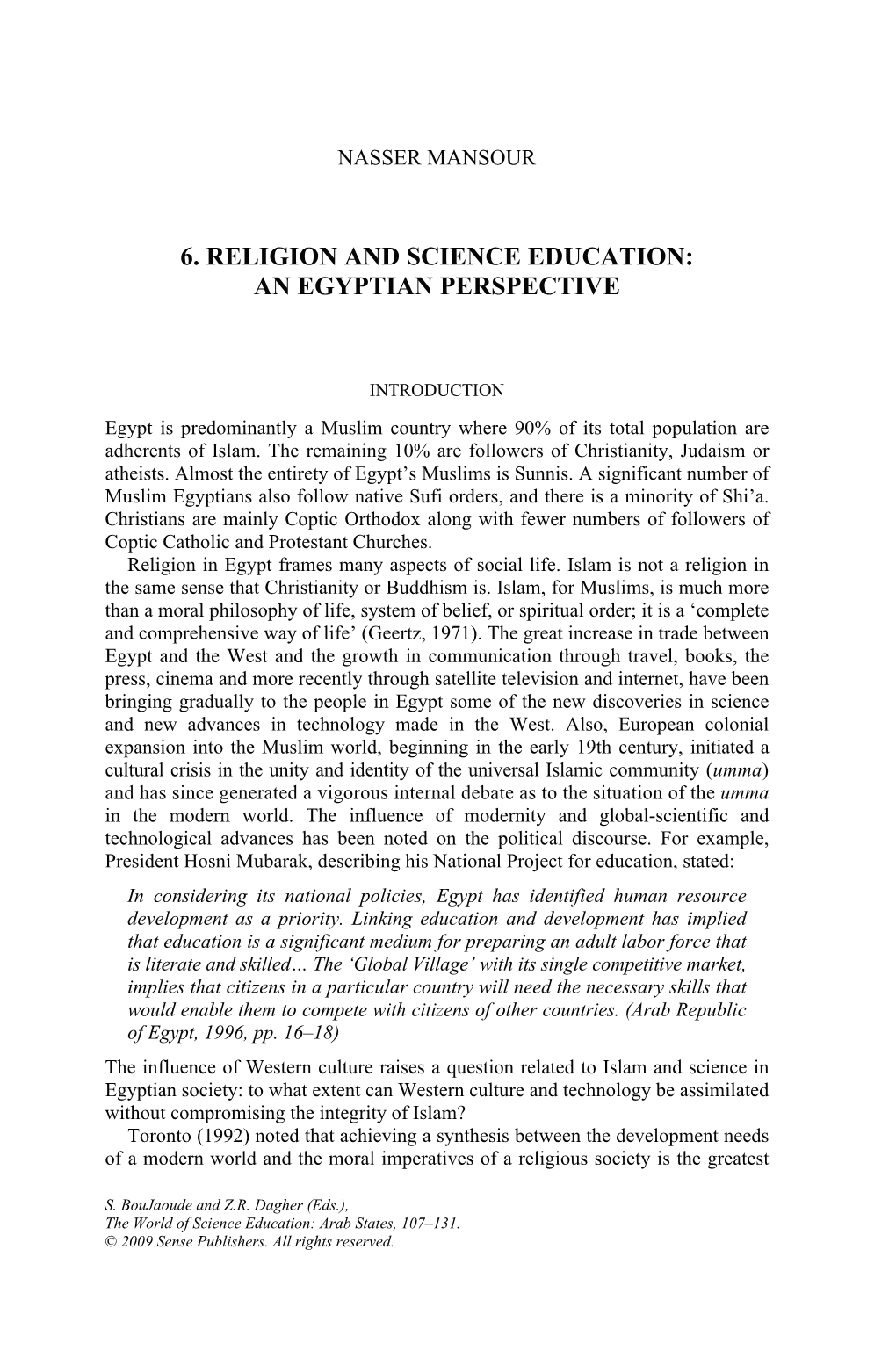 6. Religion and Science Education: an Egyptian Perspective