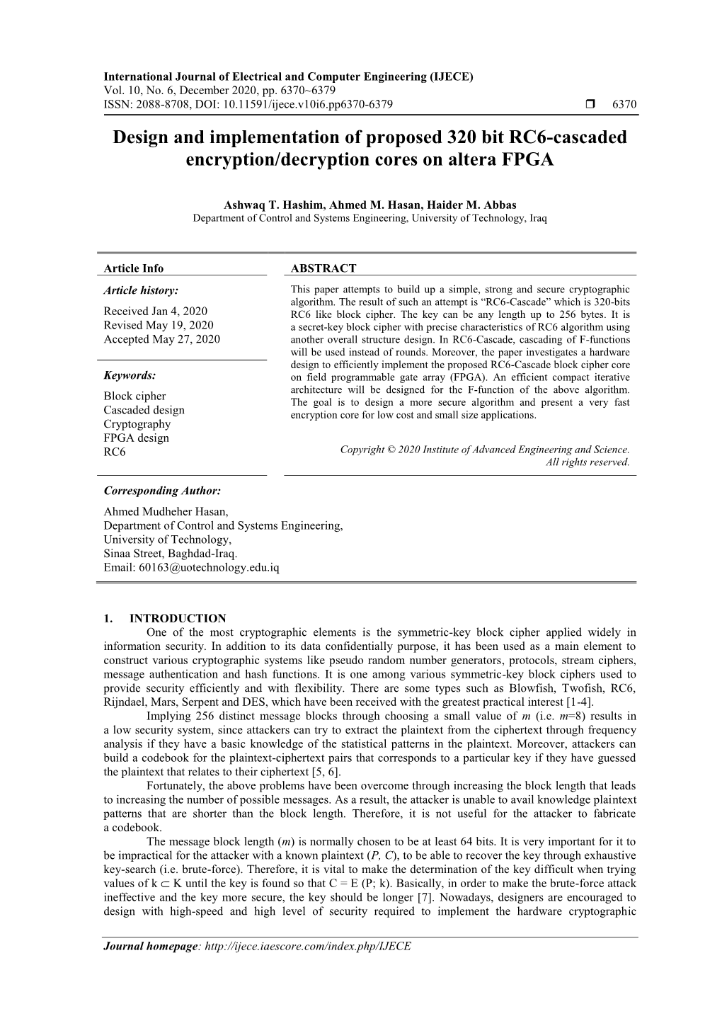 Design and Implementation of Proposed 320 Bit RC6-Cascaded Encryption/Decryption Cores on Altera FPGA