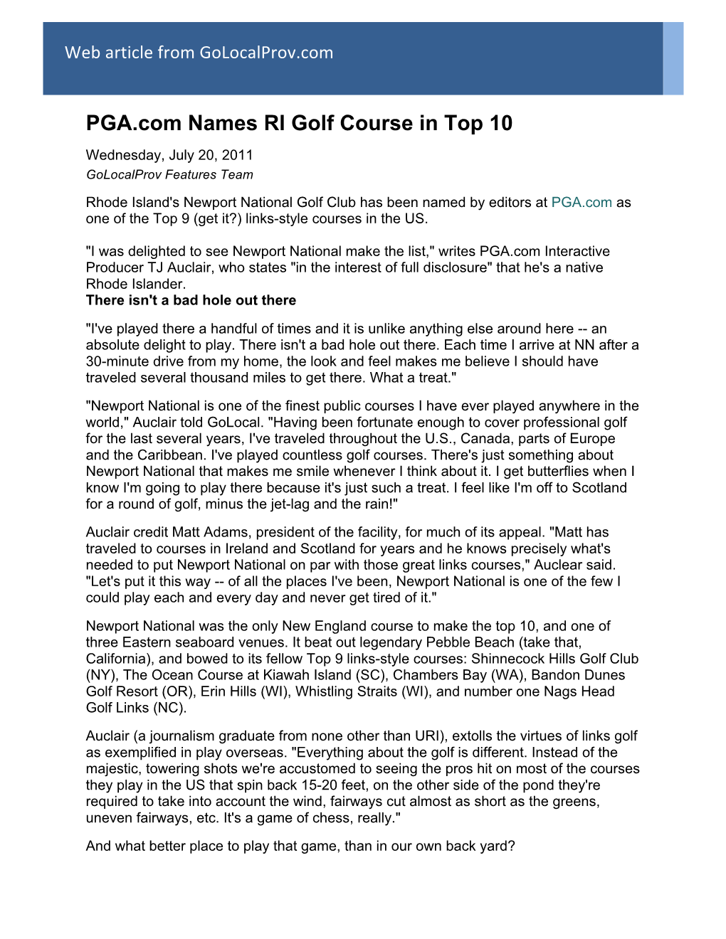 PGA.Com Names RI Golf Course in Top 10 Wednesday, July 20, 2011 Golocalprov Features Team