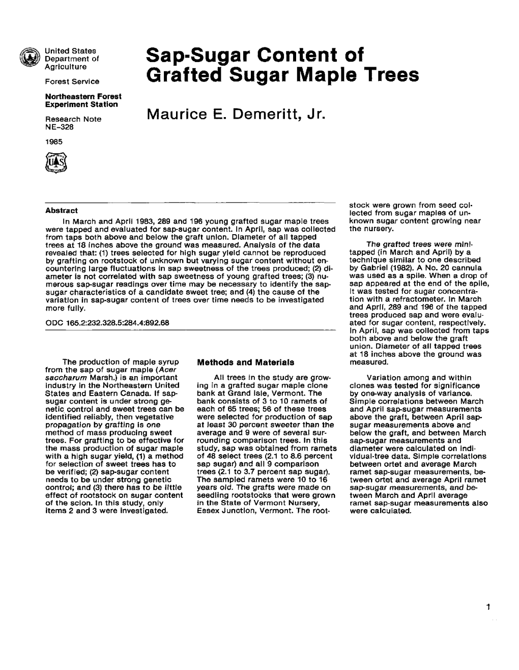 Sap-Sugar Content of Grafted Sugar Maple Trees